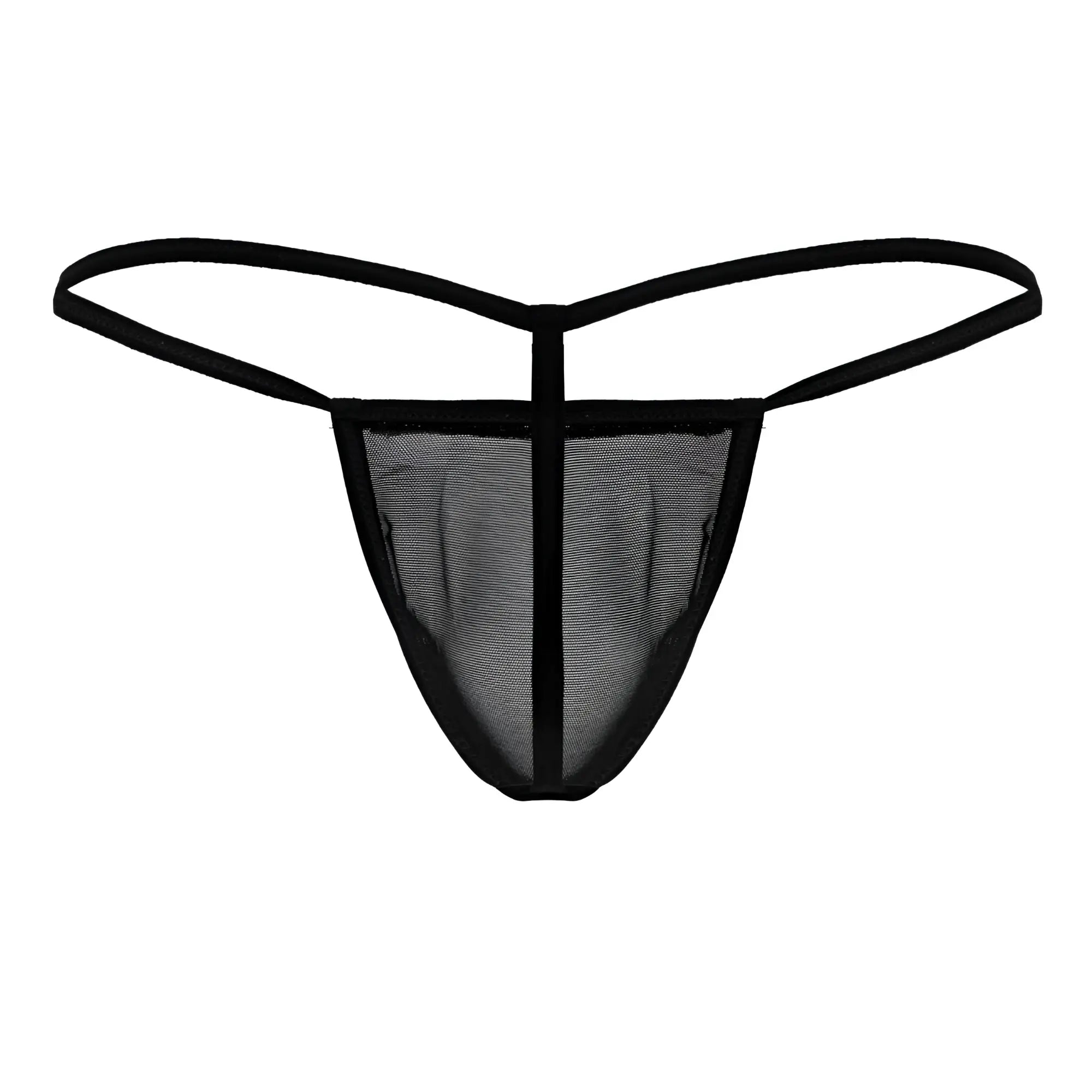Black CandyMan 99246 G-string thong with black mesh, thin elastic straps, and a central vertical seam visible from back