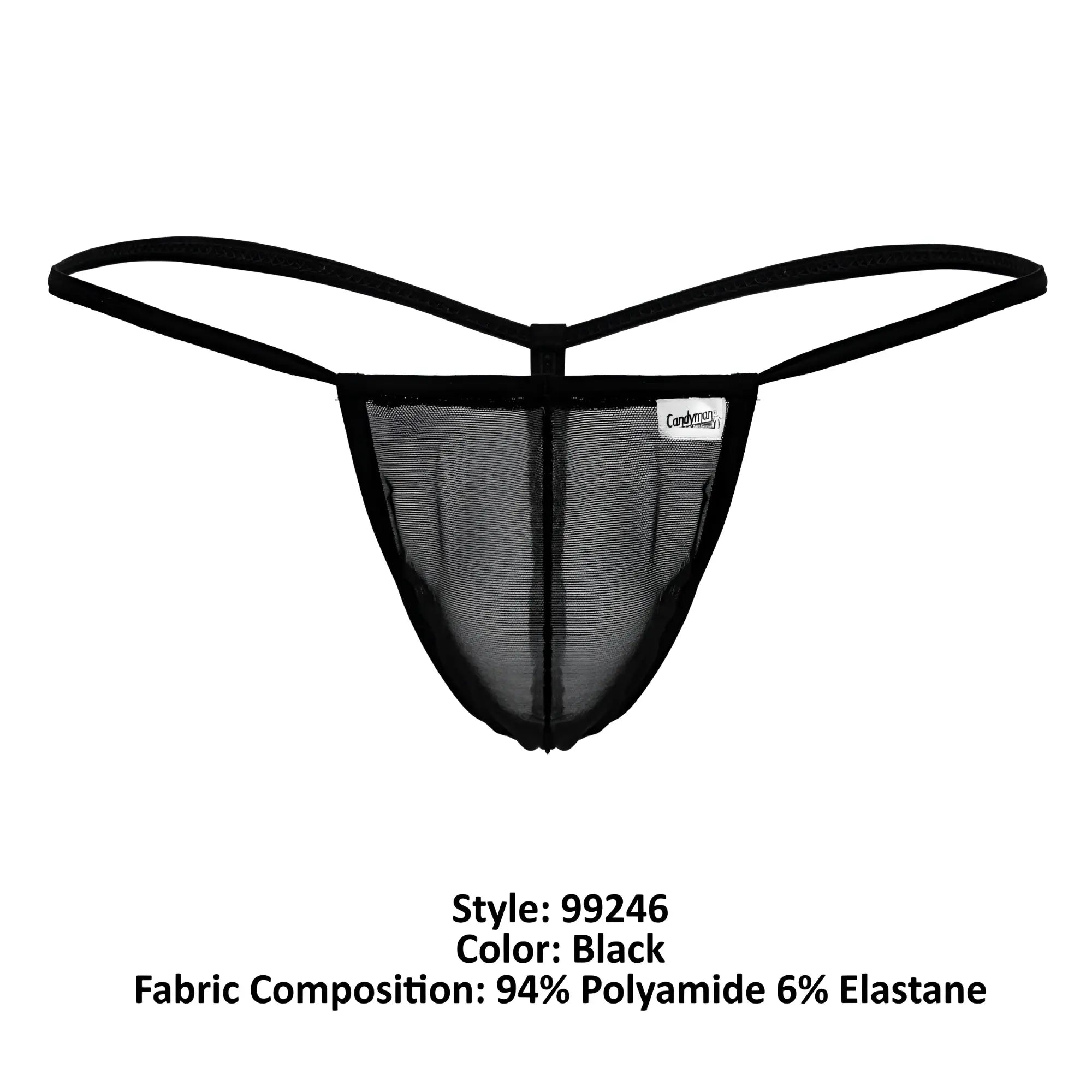 Black mesh CandyMan 99246 g-string thong with thin elastic straps and small white brand tag shown from the back side