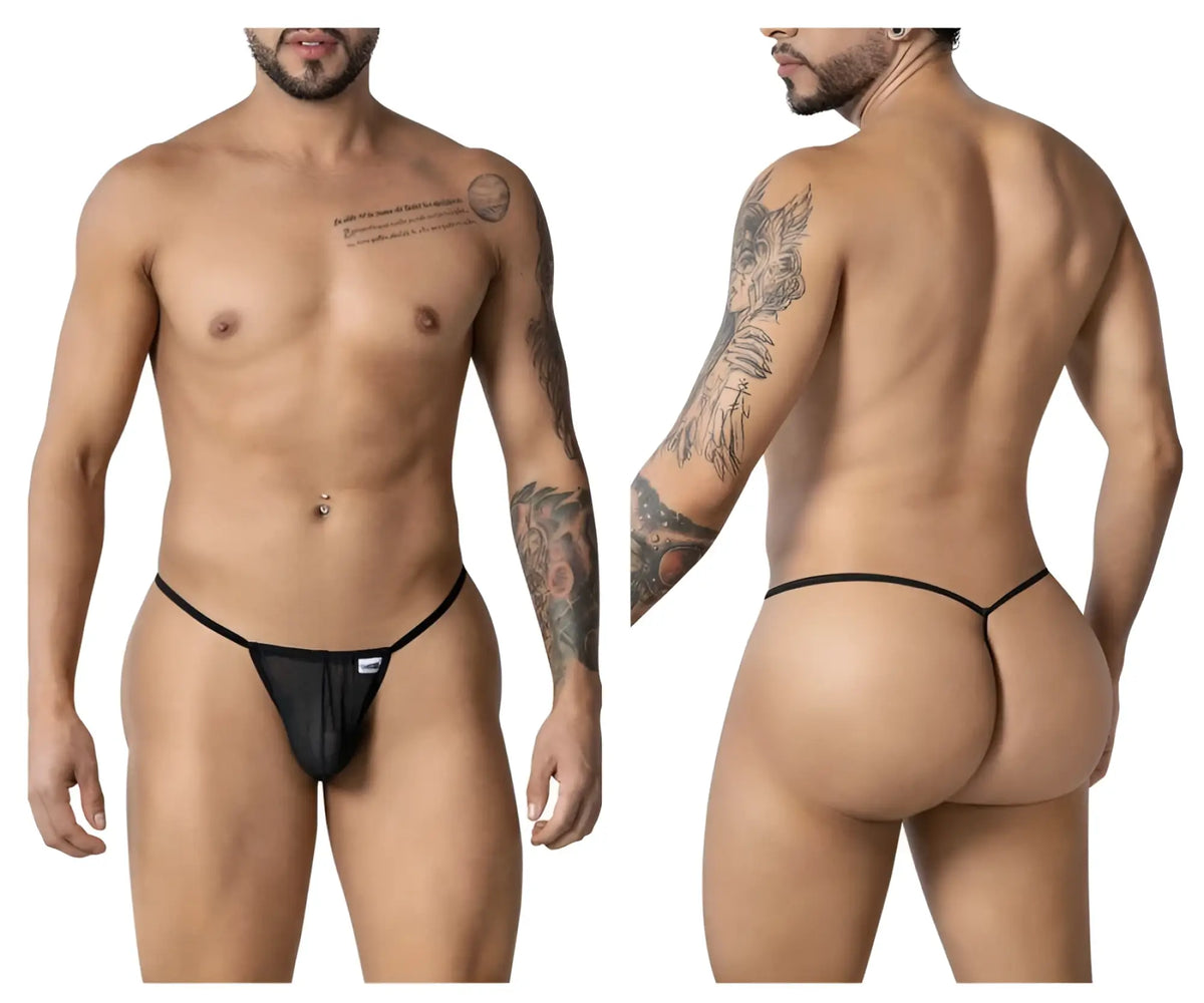 Black CandyMan 99246 G-string thong with black mesh fabric, thin elastic waistband, and white brand tag
