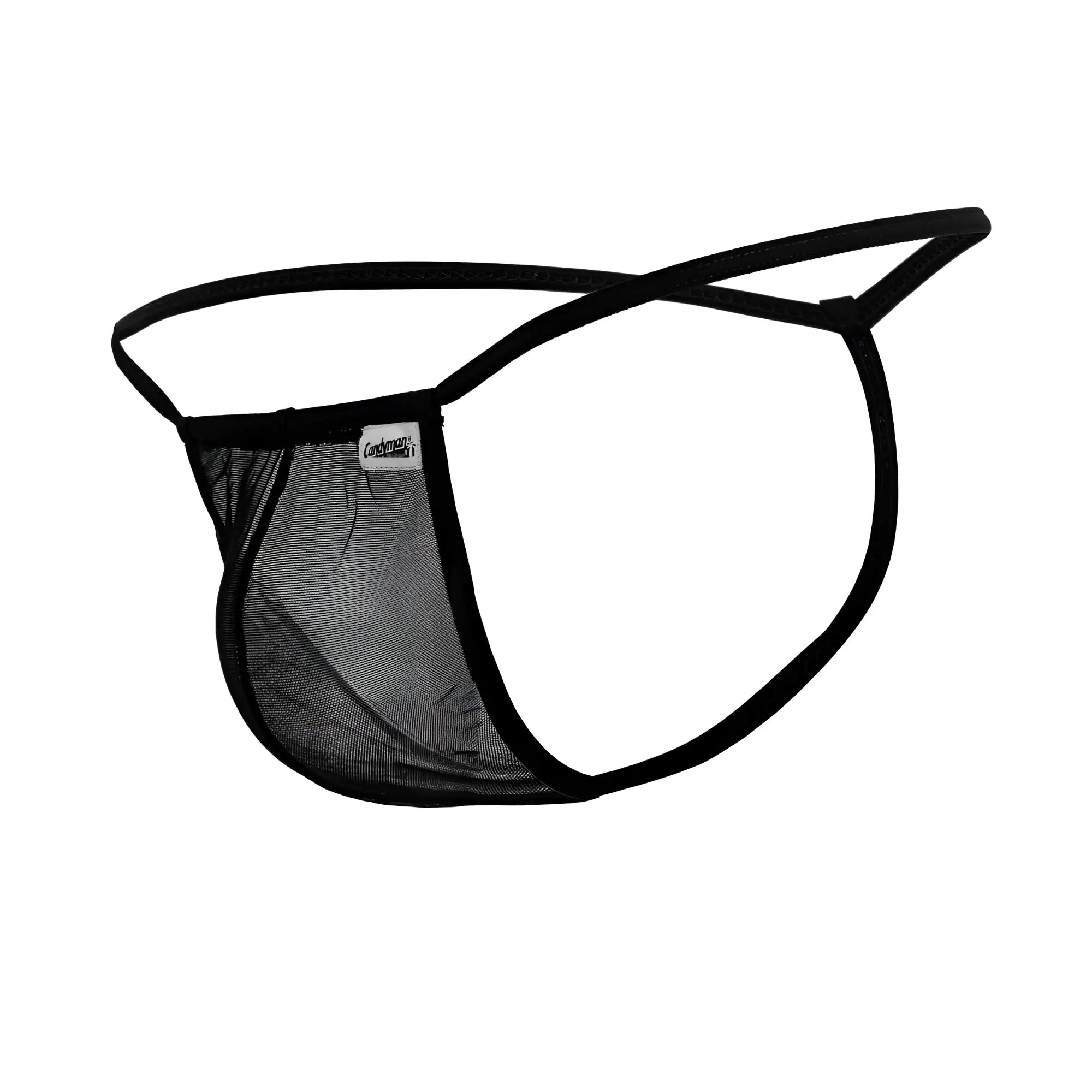 Black mesh g-string thong with solid black elastic band and trim candyMan 99246 in black color front view