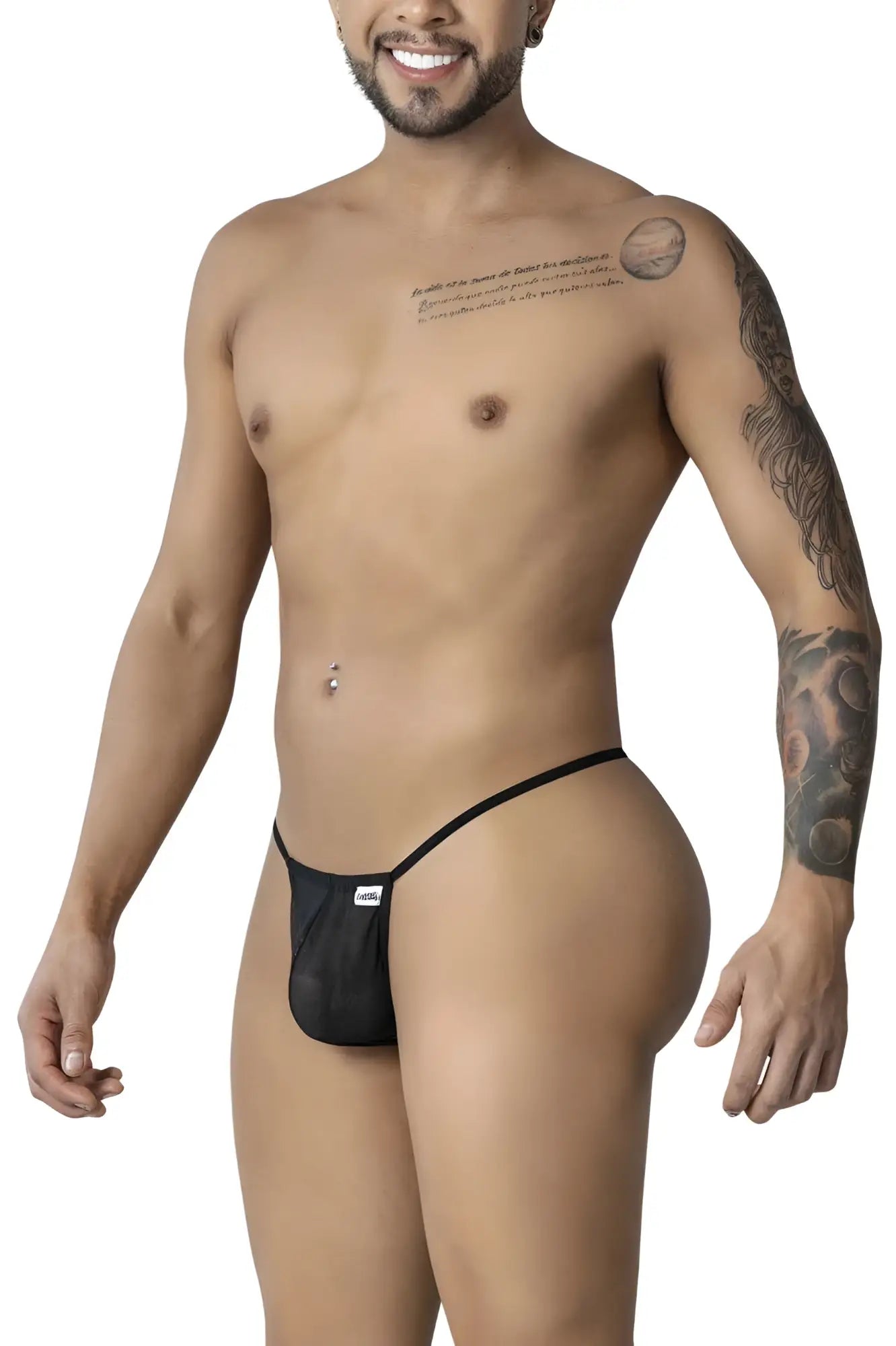 Black mesh thong g-string with small white brand tag on side from candyman 99246 collection