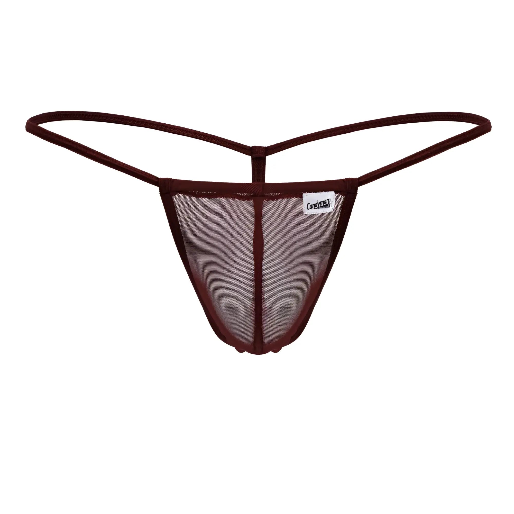 CandyMan 99246 burgundy mesh thong with thin elastic straps and branded label front view
