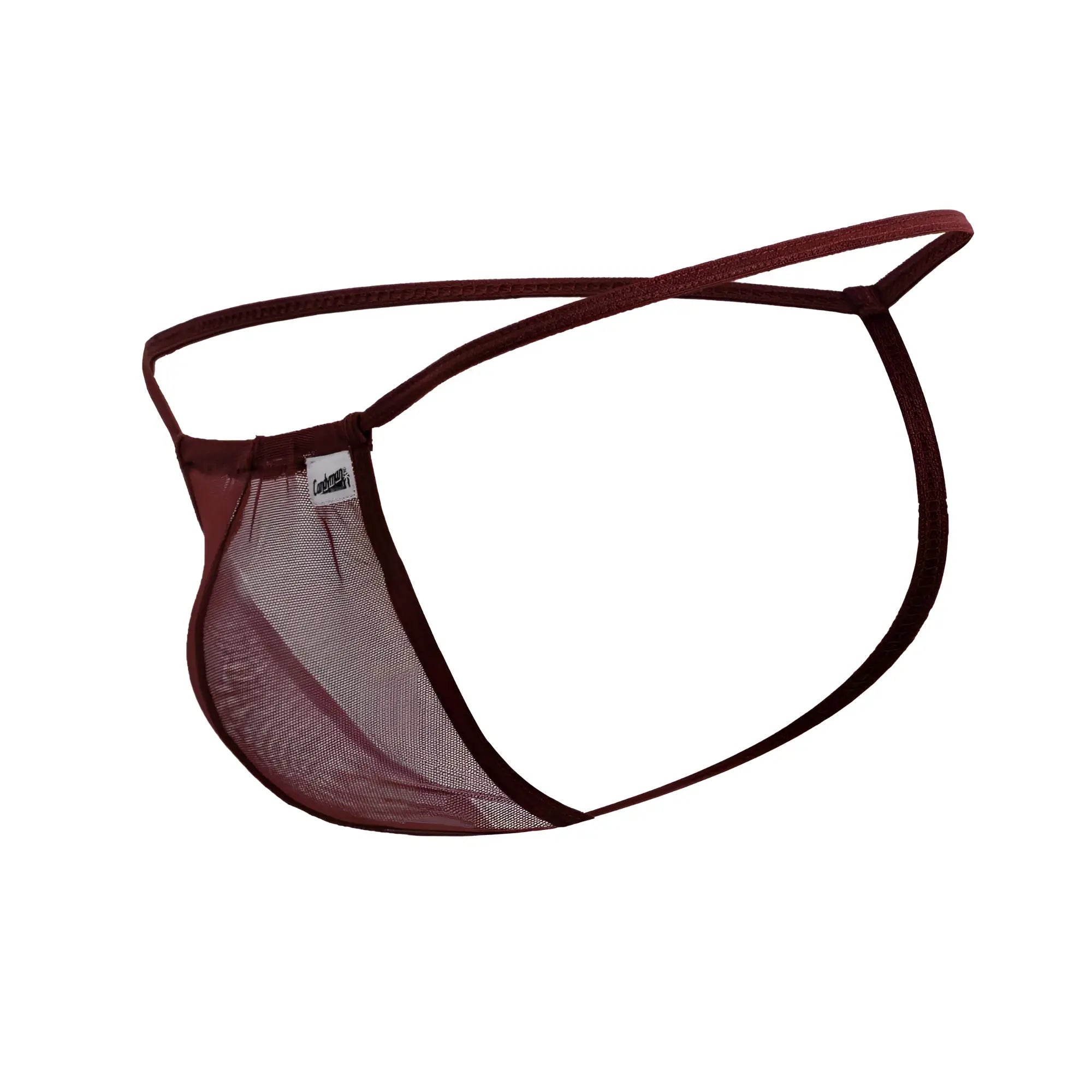 Candyman 99246 g-string thong in burgundy maroon mesh with thin solid fabric straps and small brand tag visible