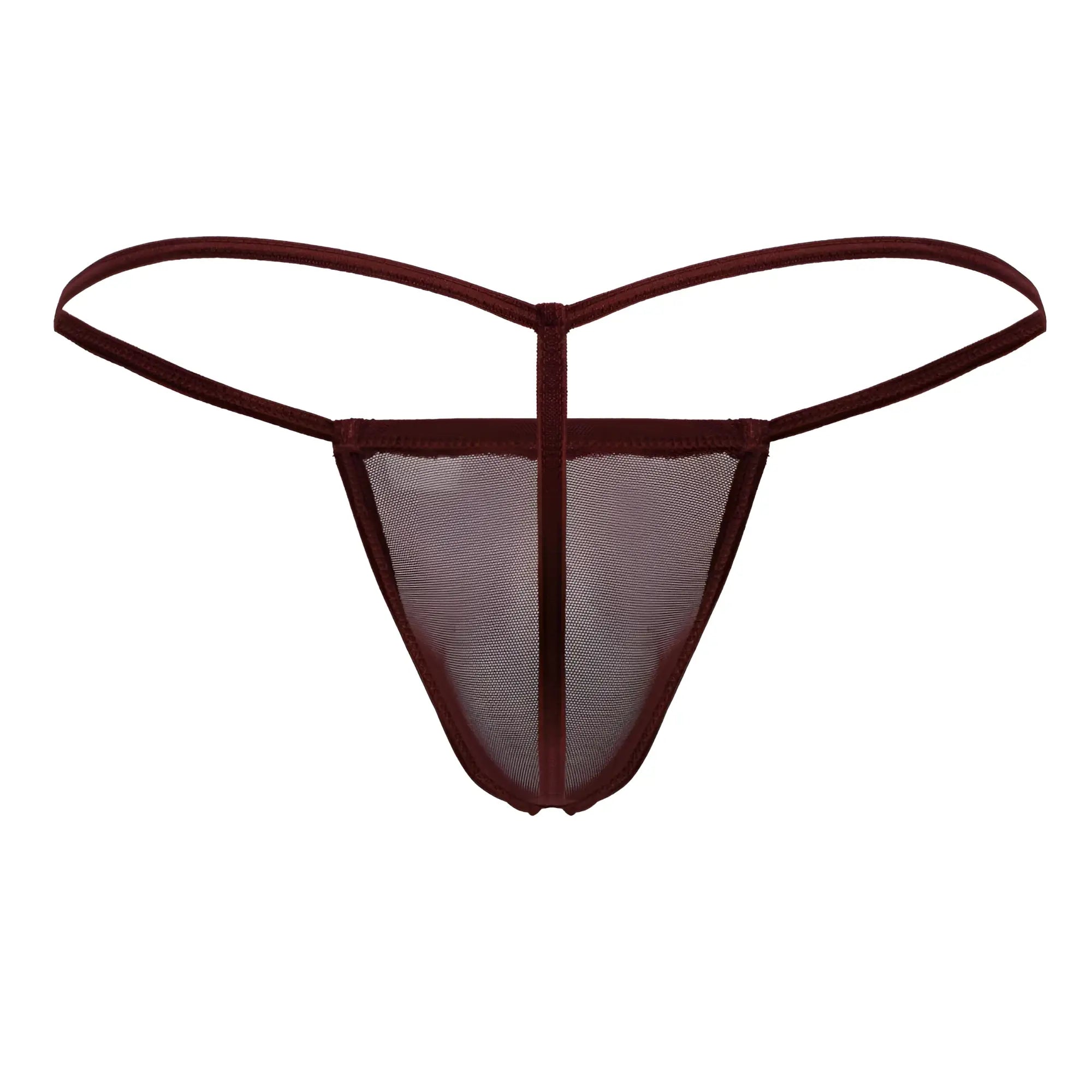 CandyMan 99246 g-string thong in burgundy with maroon mesh and solid fabric waistband and leg openings