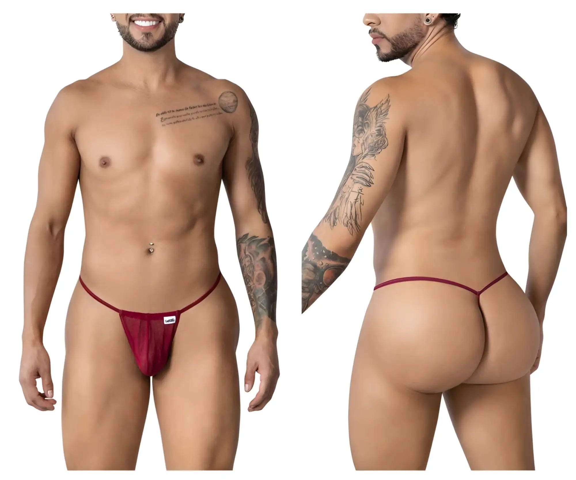 Maroon mesh g-string thong with small white brand tag on the front from candyman 99246 color burgundy