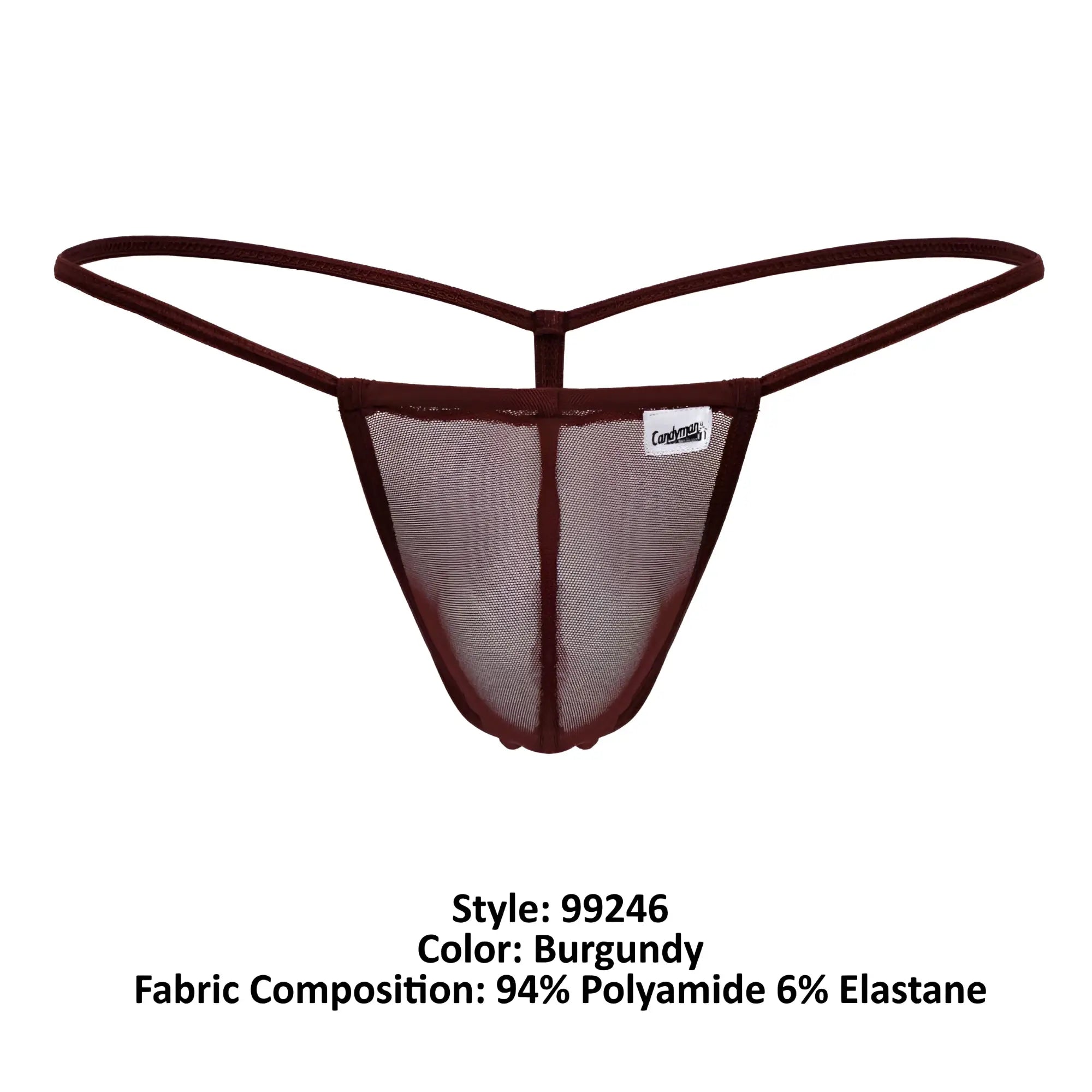 Burgundy CandyMan 99246 G-string thong with mesh fabric thin elastic straps and a branded label visible