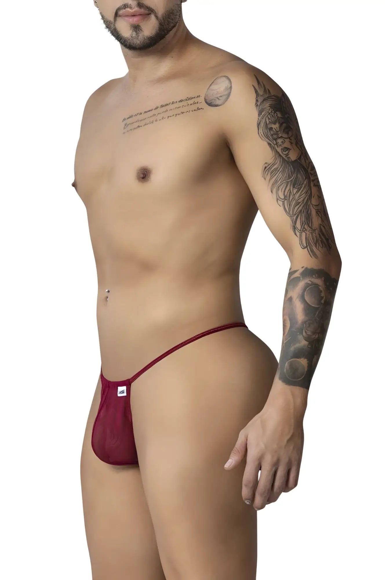 CandyMan 99246 burgundy red mesh thong with small white logo on front perfect for intimate wear