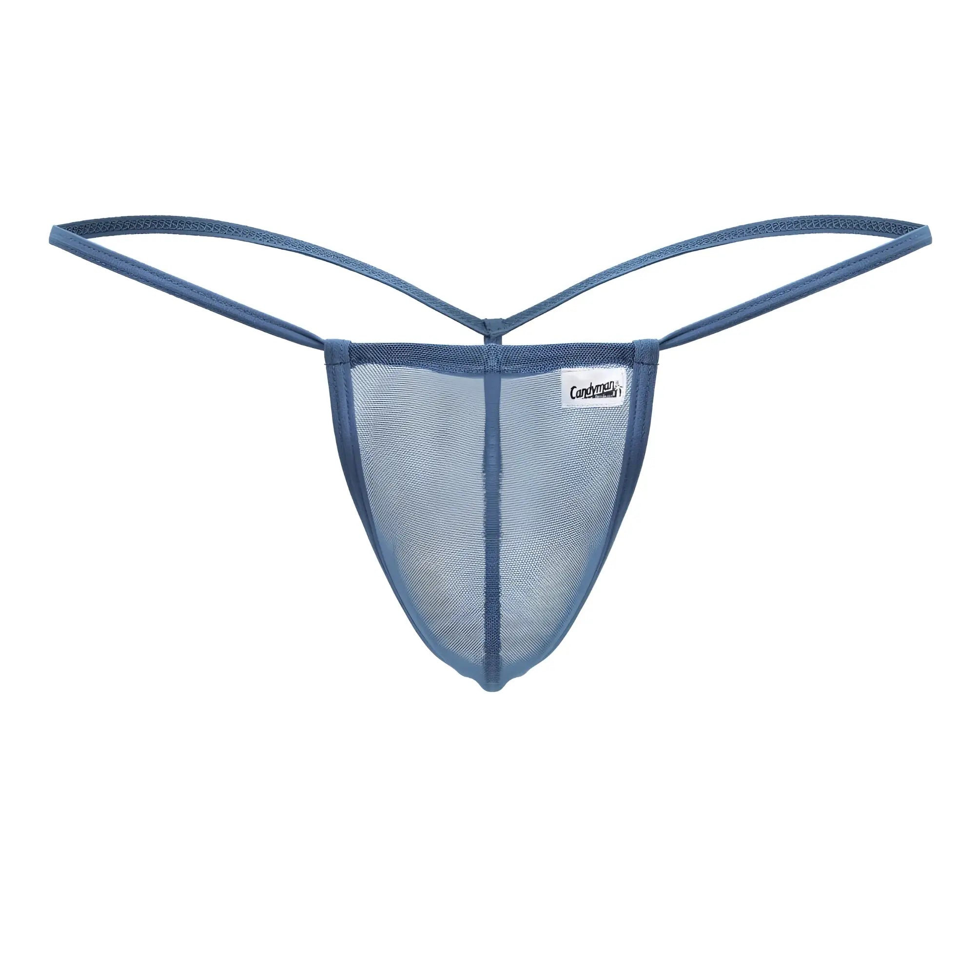CandyMan 99246 turquoise blue mesh g-string thong with thin adjustable straps and a small white front label