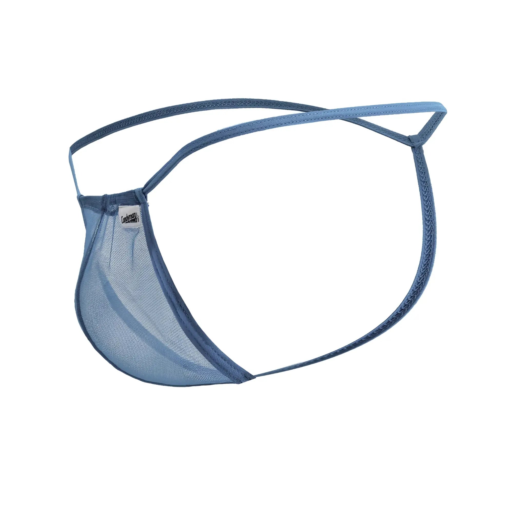 CandyMan 99246 g-string thong in turquoise blue mesh with thin supportive straps and subtle brand tag