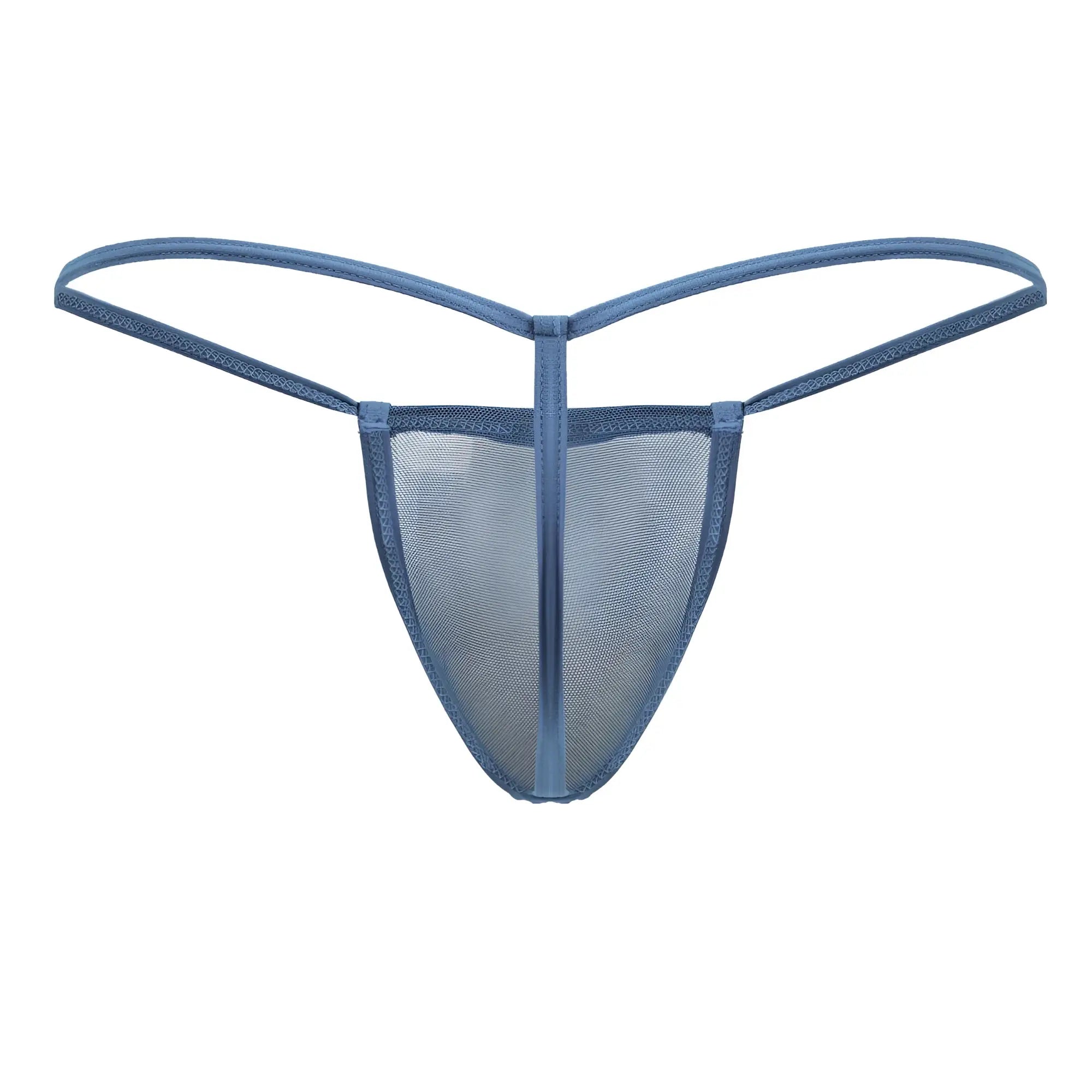 Turquoise candyman 99246 g-string thong with blue mesh minimalist design and thin supportive straps shown from the back