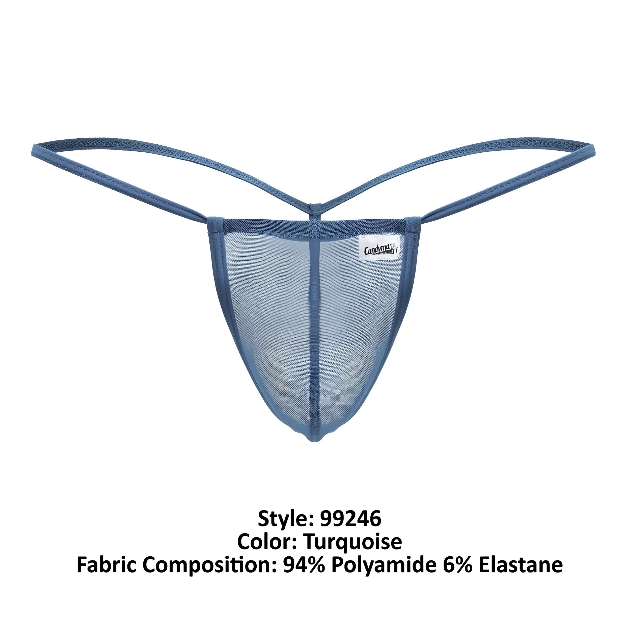 Turquoise mesh thong g-string with thin adjustable straps and branded label candy man 99246