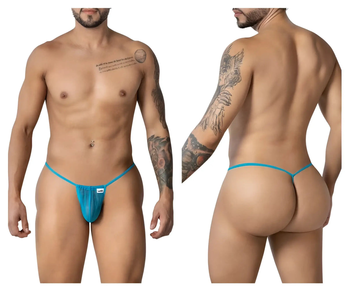 Turquoise candyMan 99246 g-string thong made of sheer mesh with minimalist design and small white brand tag on front