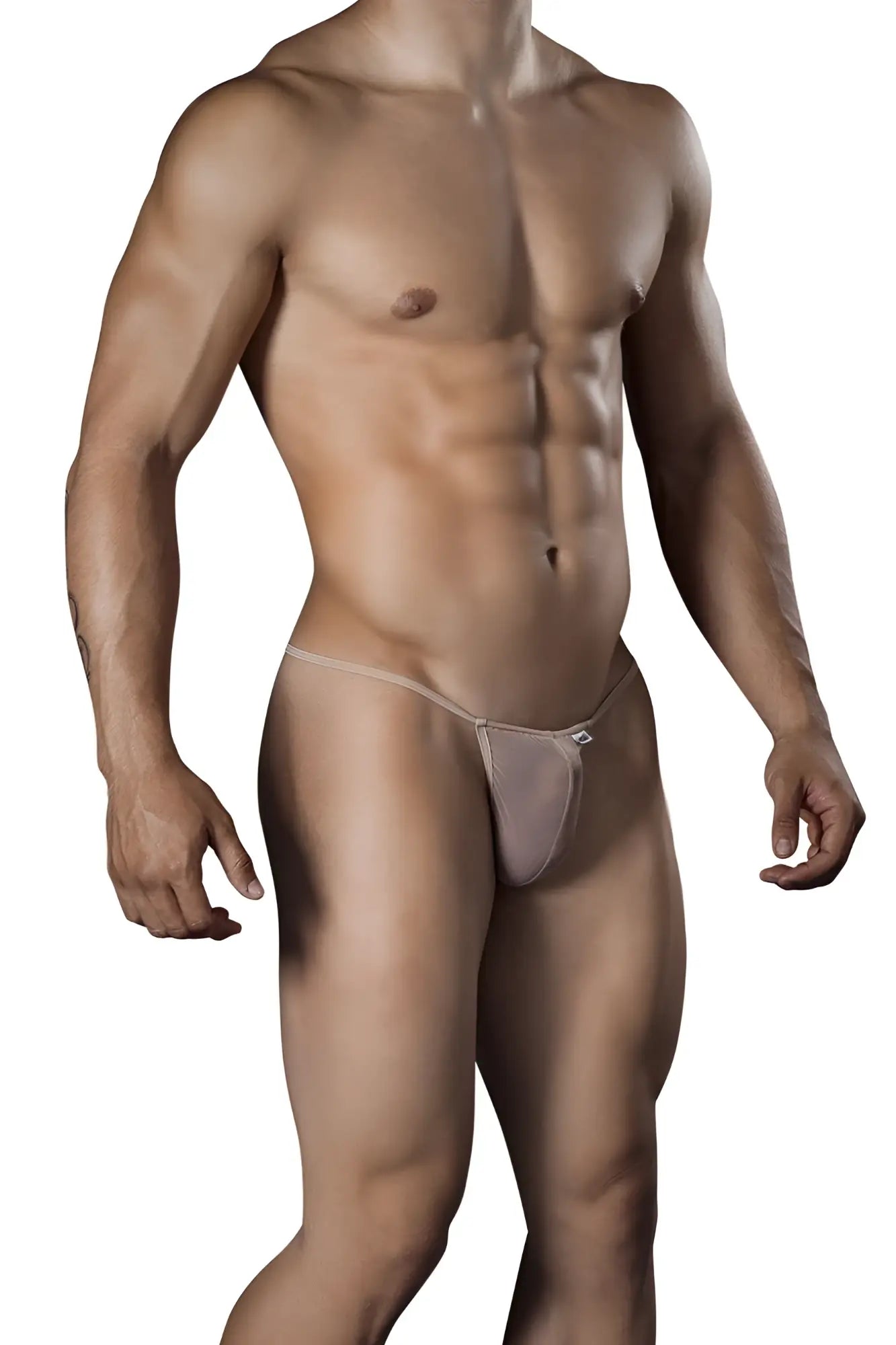 Beige mesh thong CandyMan 99246 with a small white logo on the front for comfortable everyday wear
