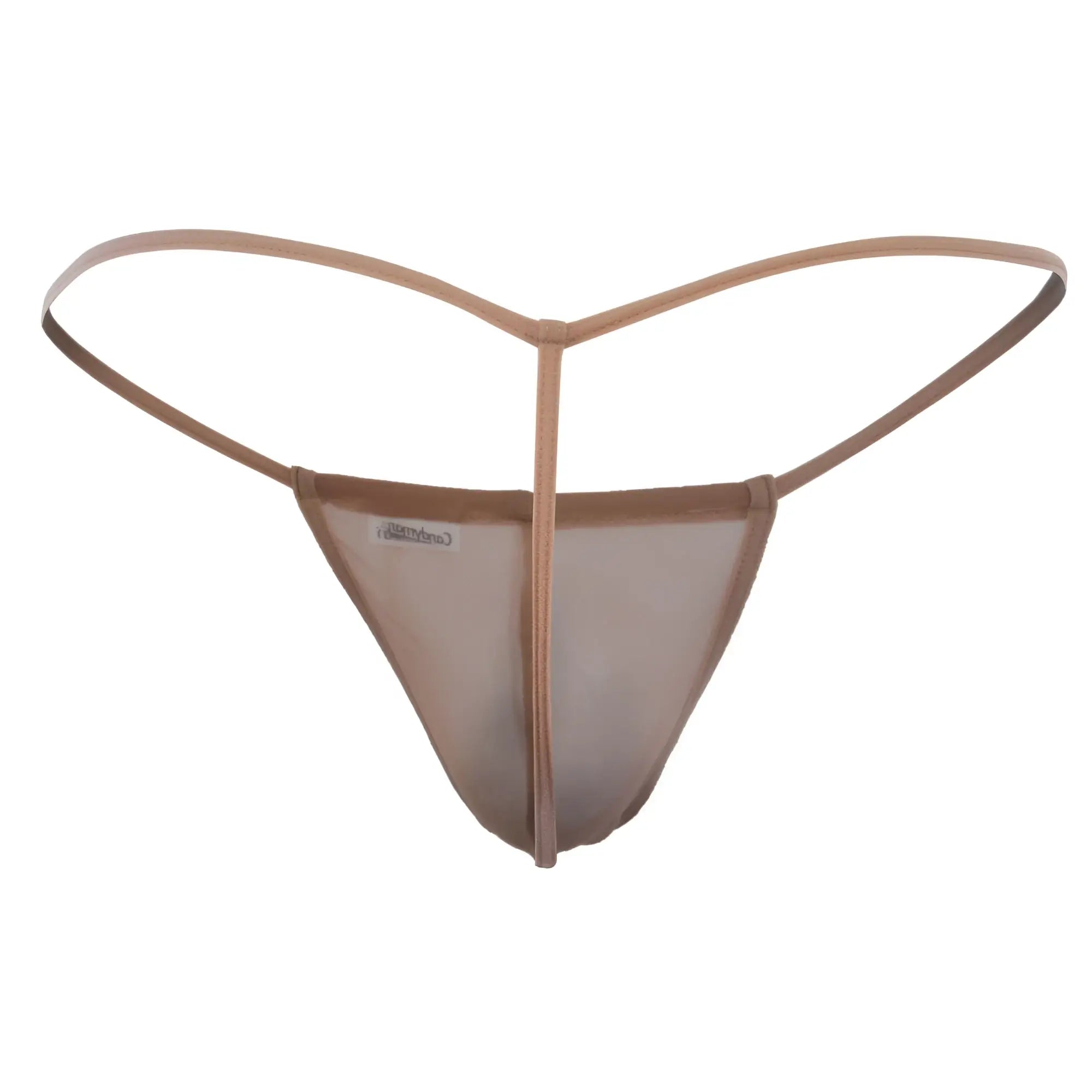 CandyMan 99246 thong in beige with sheer mesh fabric and a thin supportive waistband showing the back side