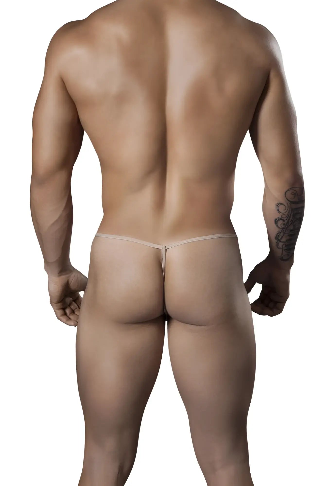 Beigew cotton candy man 99246 thong with thin minimalist design and sheer fabric shown from the back side