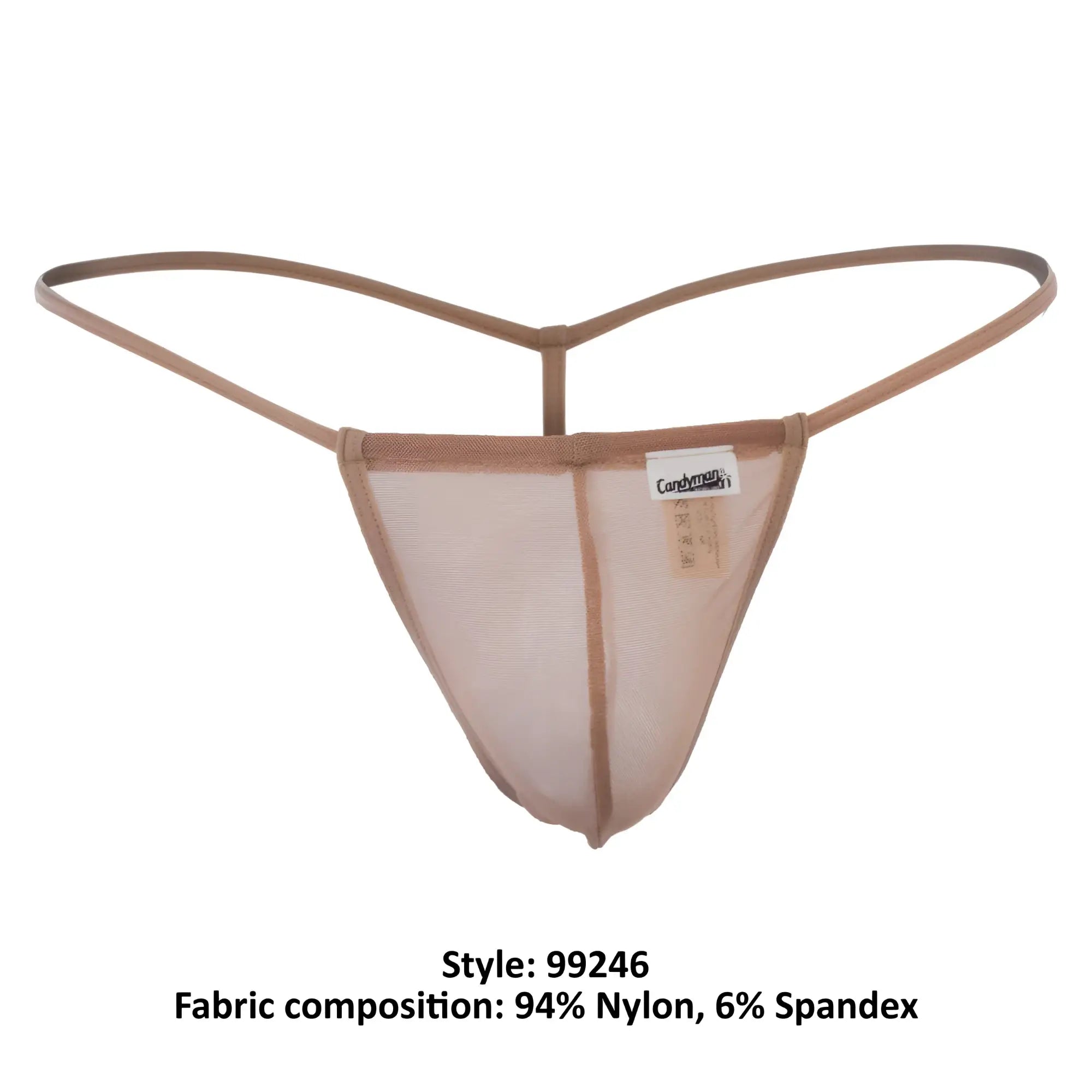 CandyMan 99246 beige thong in tan mesh with thin supportive straps and a branded tag visible on the front