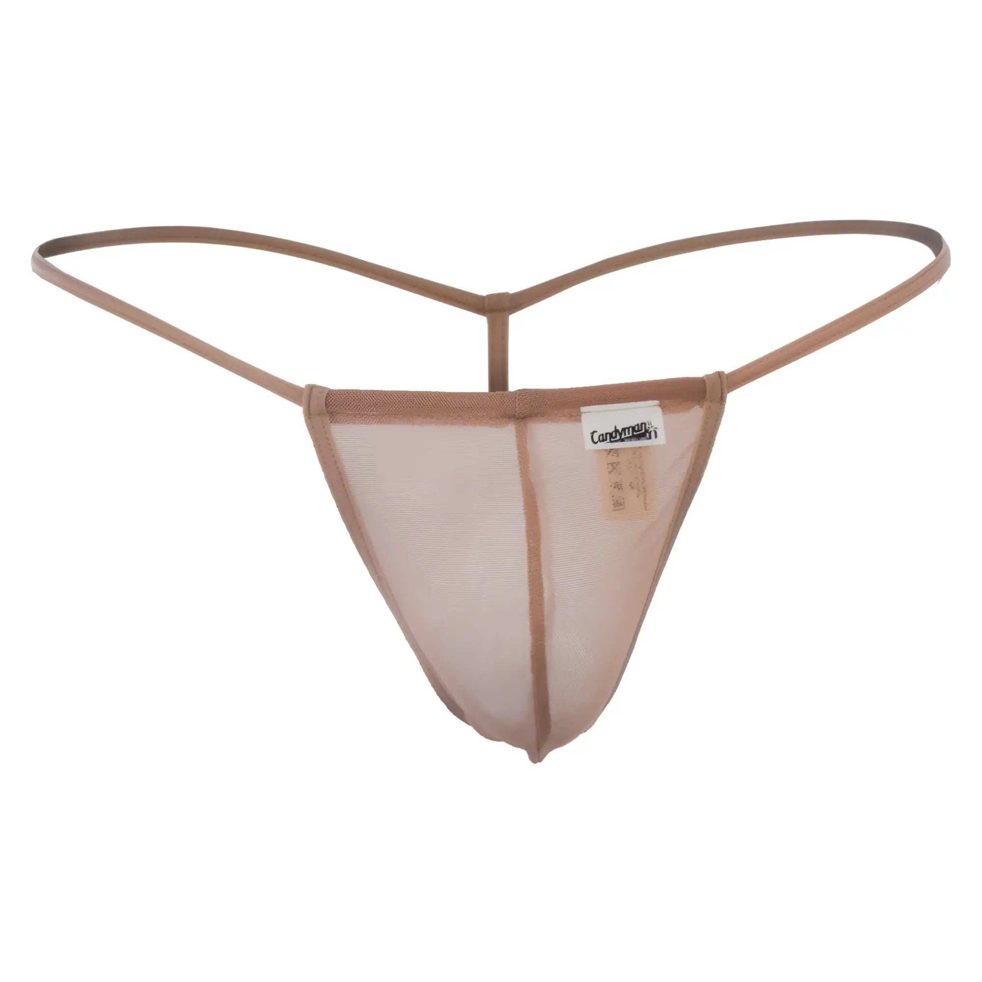 CandyMan 99246 beige thong with tan mesh material, thin supportive straps, and a branded tag visible