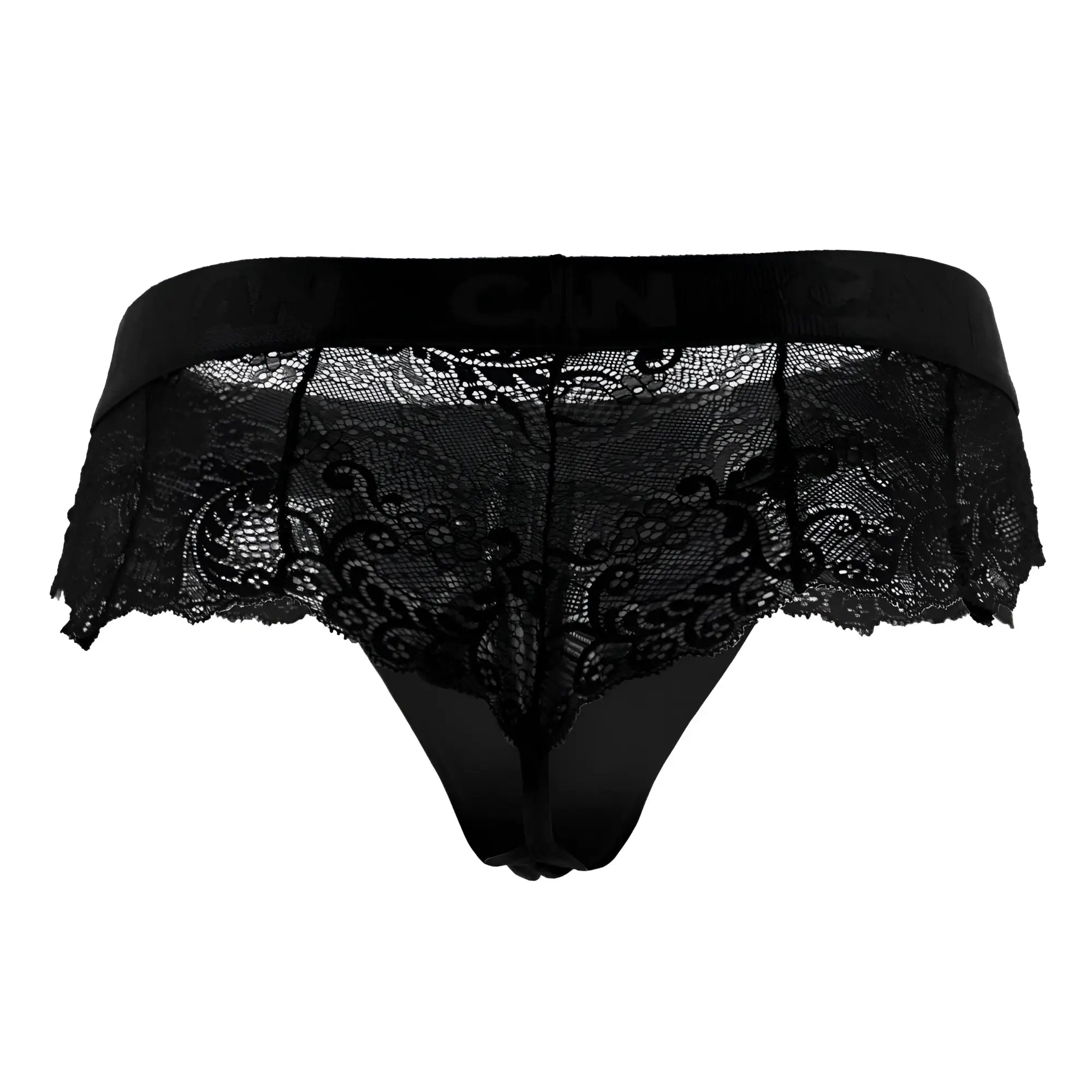 Black lace thong CandyMan 99304 in black with solid elastic waistband and intricate floral patterns