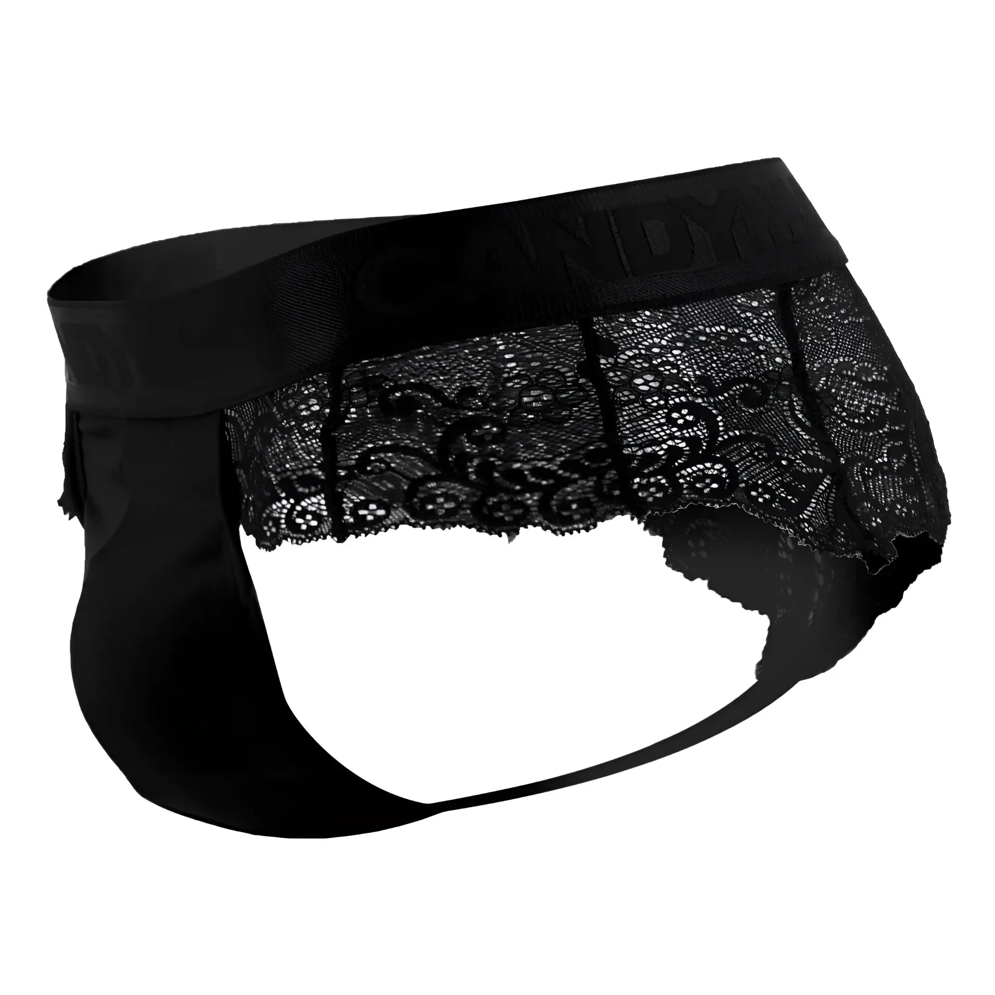 Black lace-trimmed mens briefs with satin candy brand waistband candy man 99304 thongs in black color