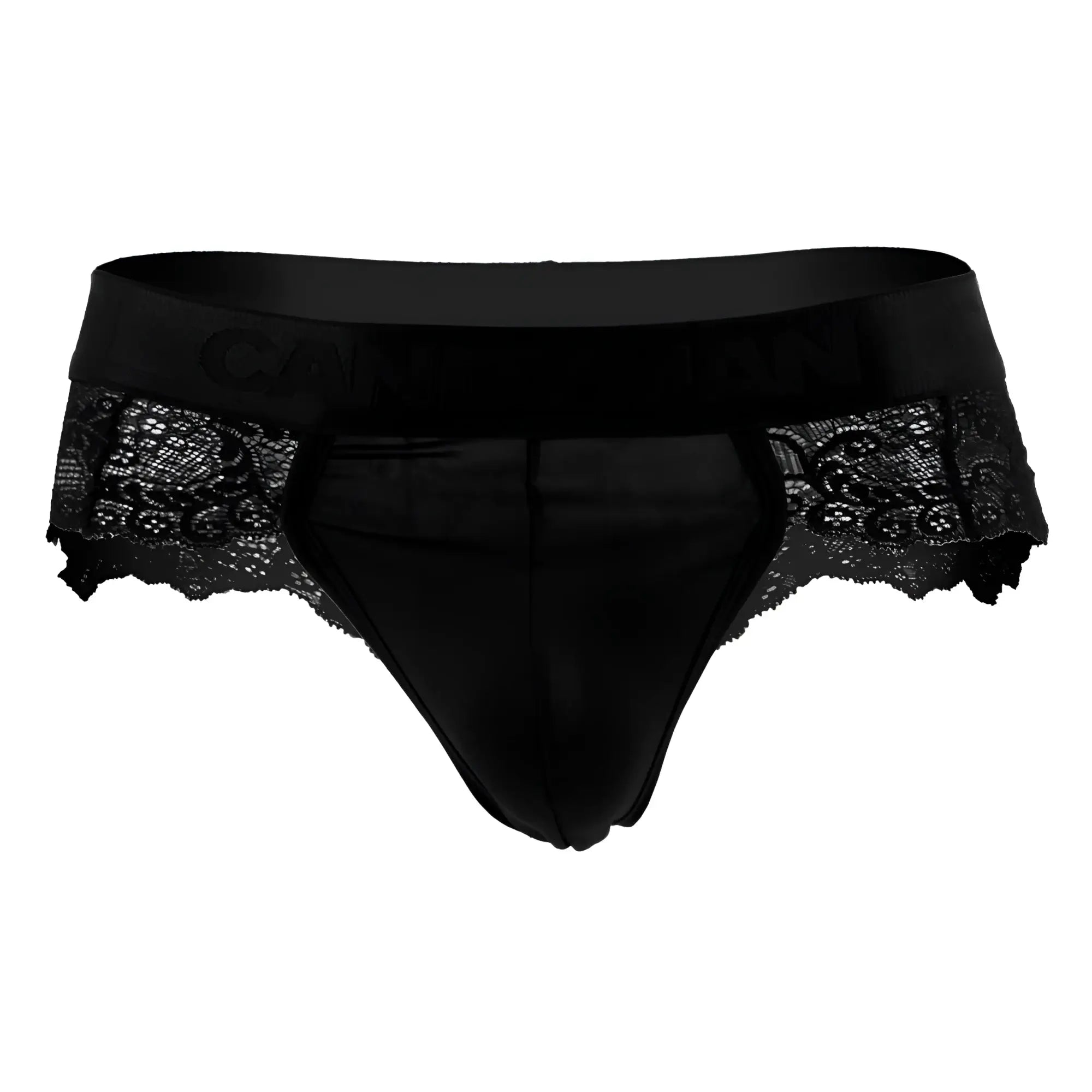 Black candyMan 99304 thongs men’s briefs with lace trim and satin waistband for stylish comfort