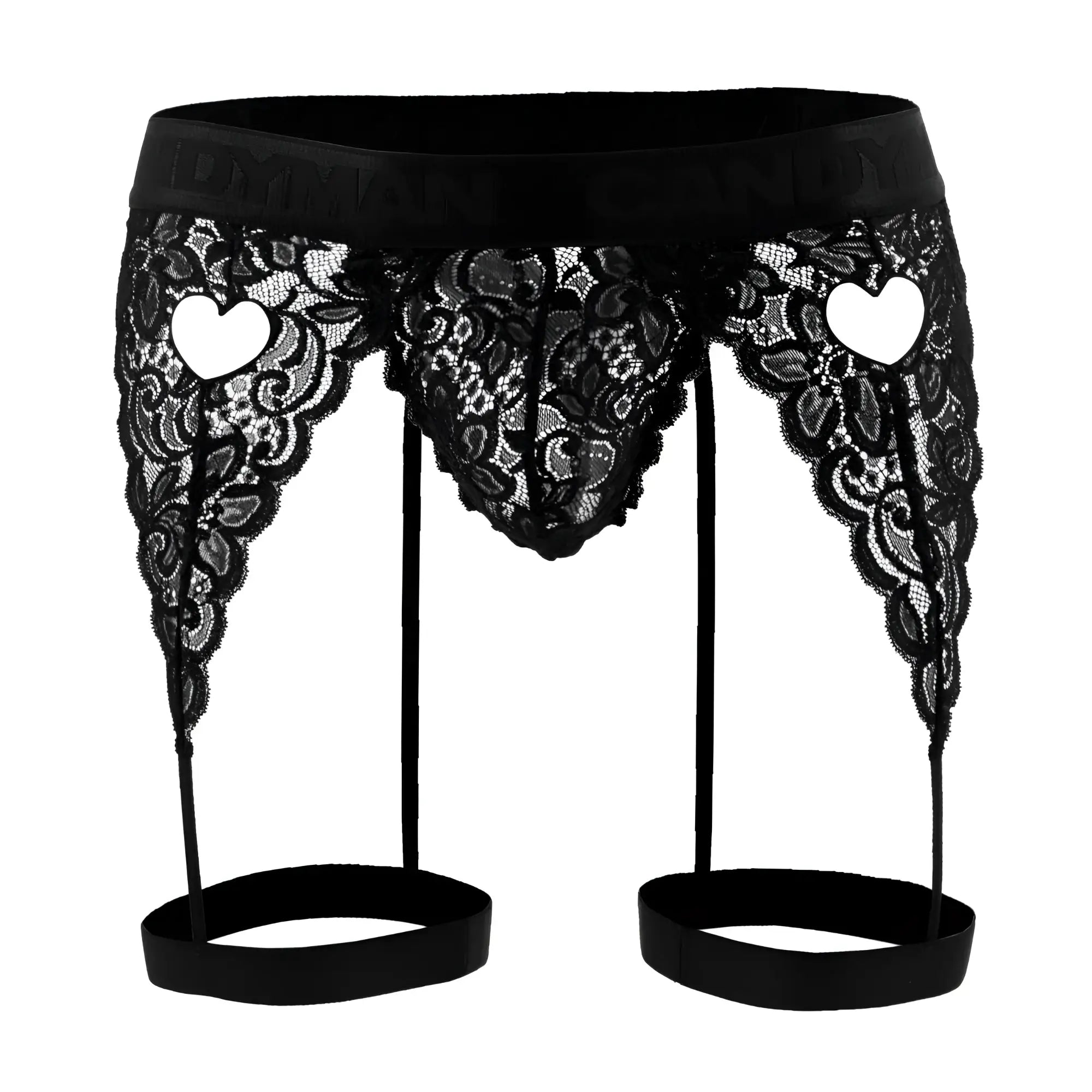 Black lace CandyMan 99310 thong with heart-shaped cutouts and satin waistband in black, front view