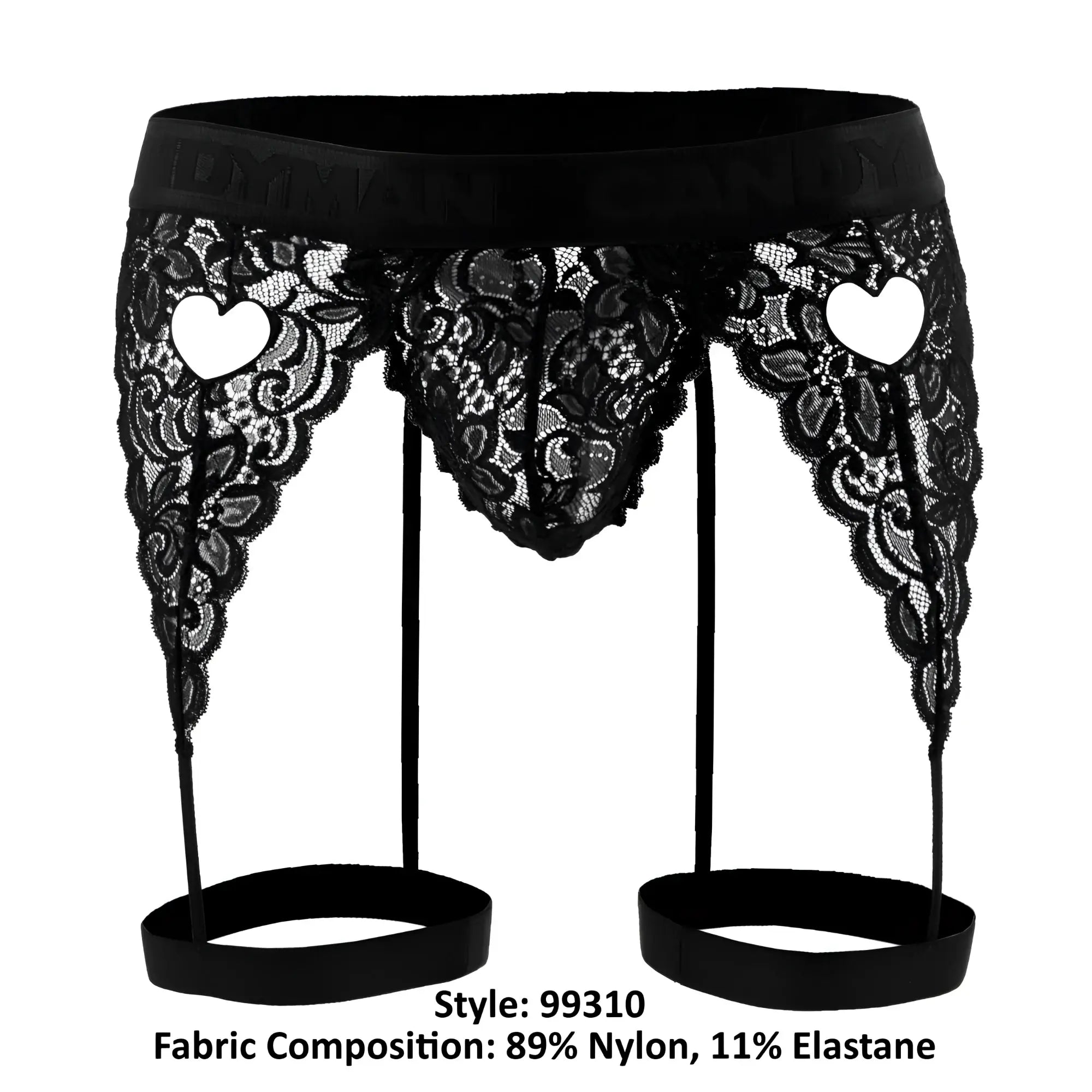Black lace garter belt with heart-shaped cutouts and elastic straps from candyman 99310 thongs in black color
