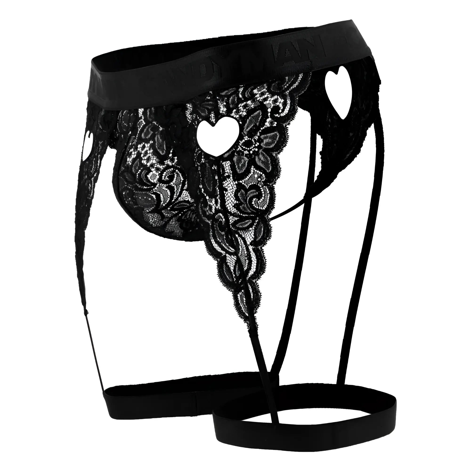 CandyMan 99310 black lace garter belt with heart-shaped cutouts and satin waistband for lingerie use