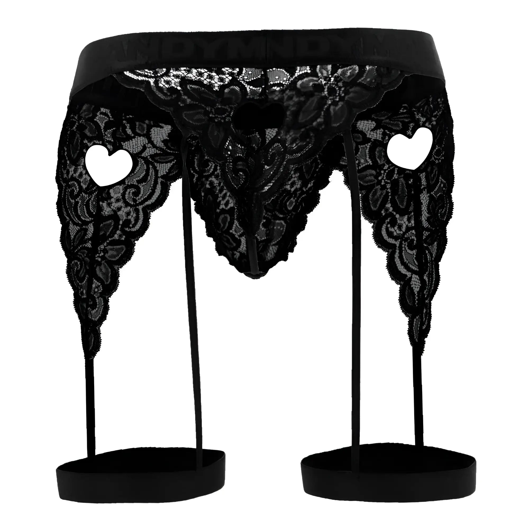 Black lace CandyMan 99310 thong with heart-shaped cutouts and matching leg straps in black color