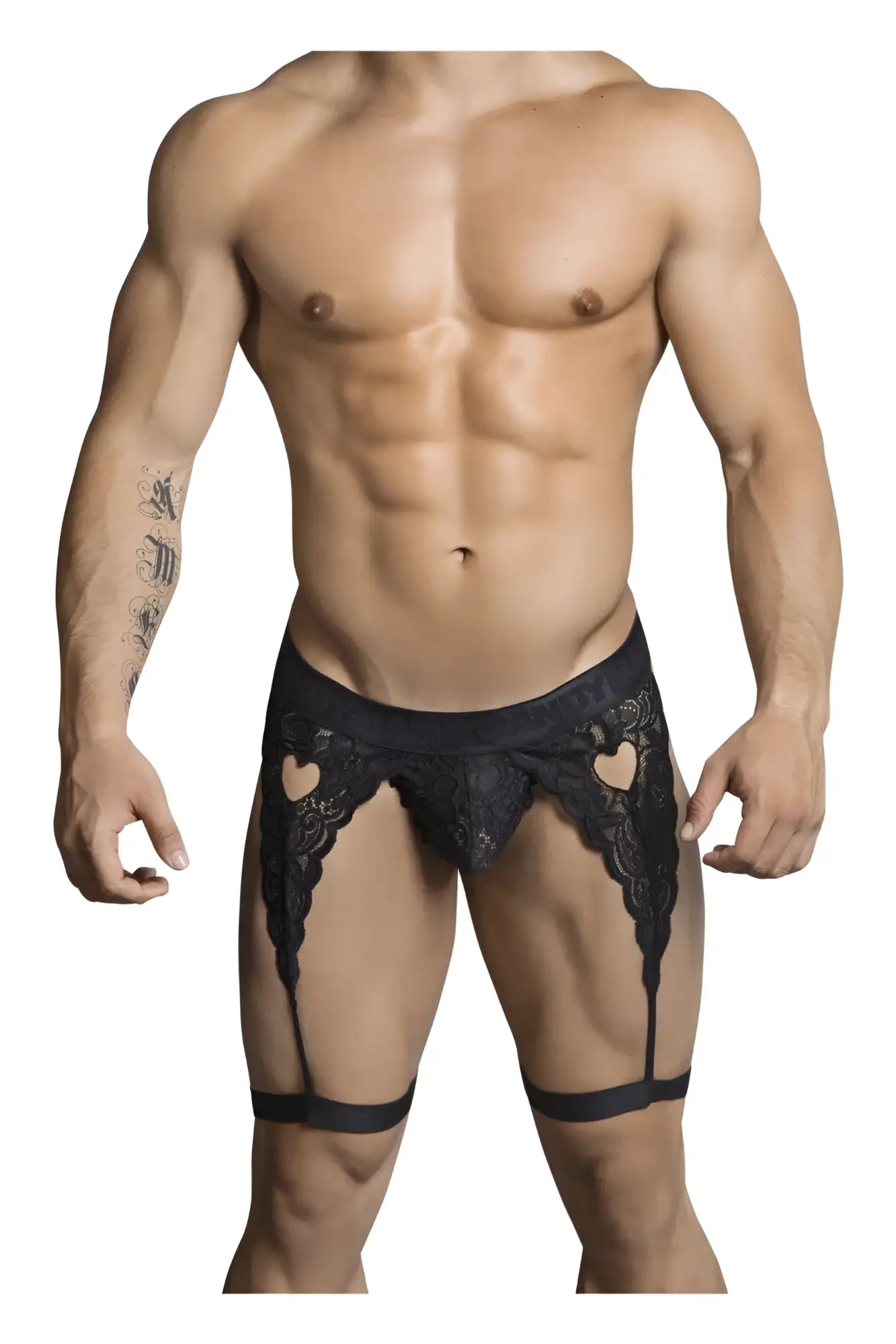 Black lace men’s garter belt with heart shaped cutouts and matching straps in black by candyman 99310 thongs