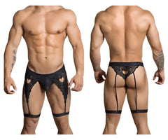 Black lace CandyMan 99310 thong with heart-shaped cutouts and adjustable straps in black color