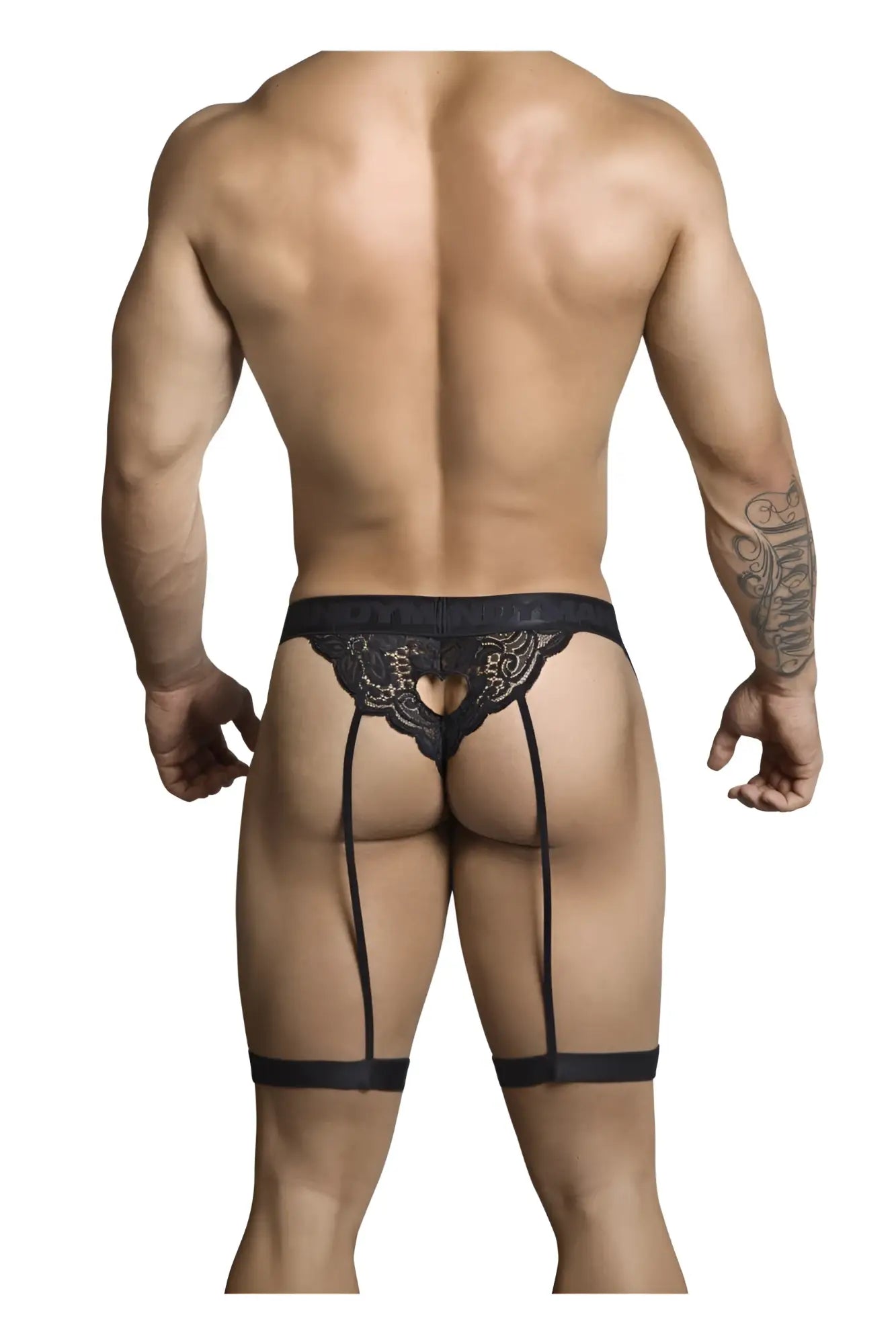 Black lace thong candyMan 99310 with three suspenders and heart-shaped cutout in black lace material