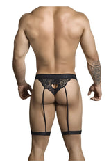 Black lace thong candyMan 99310 with three suspenders and heart-shaped cutout in black lace material