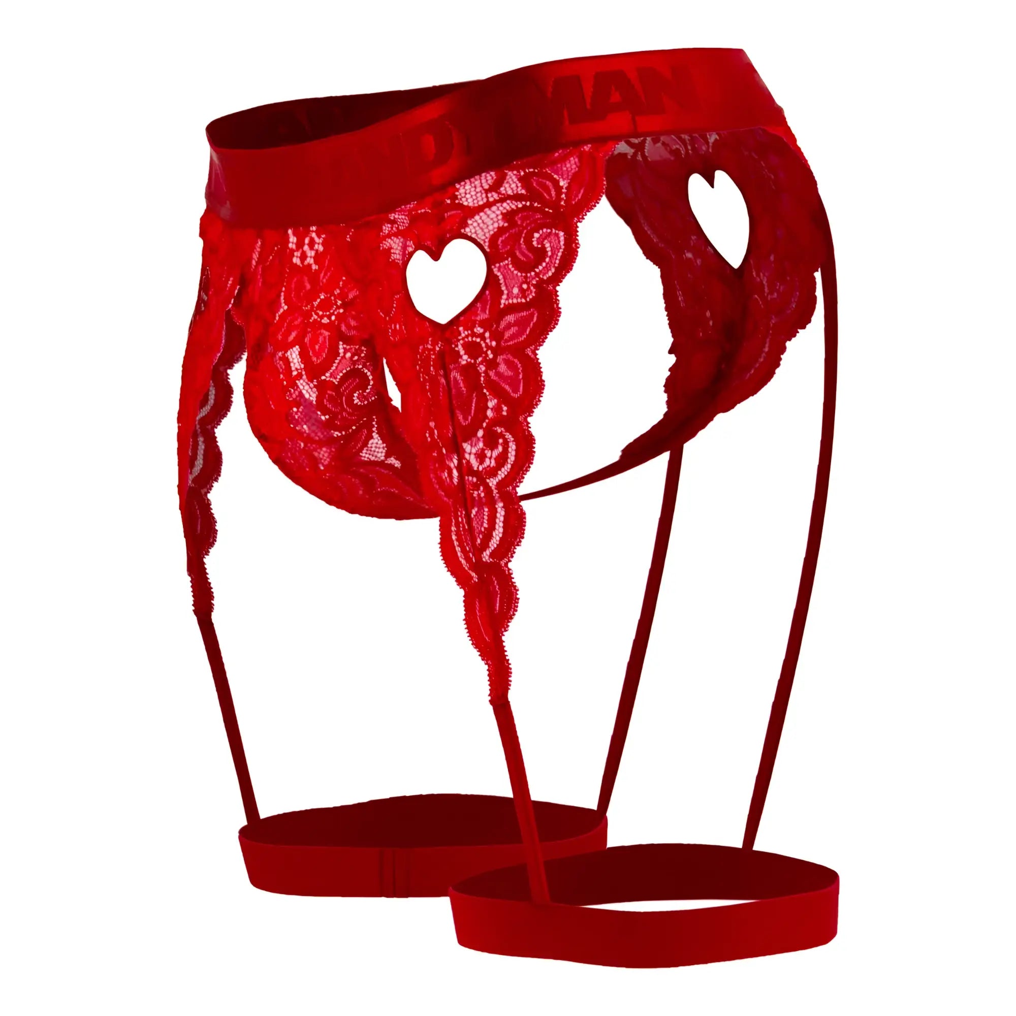 Red lace garter belt with heart-shaped cutouts and matching straps from candyman 99310 thongs in red