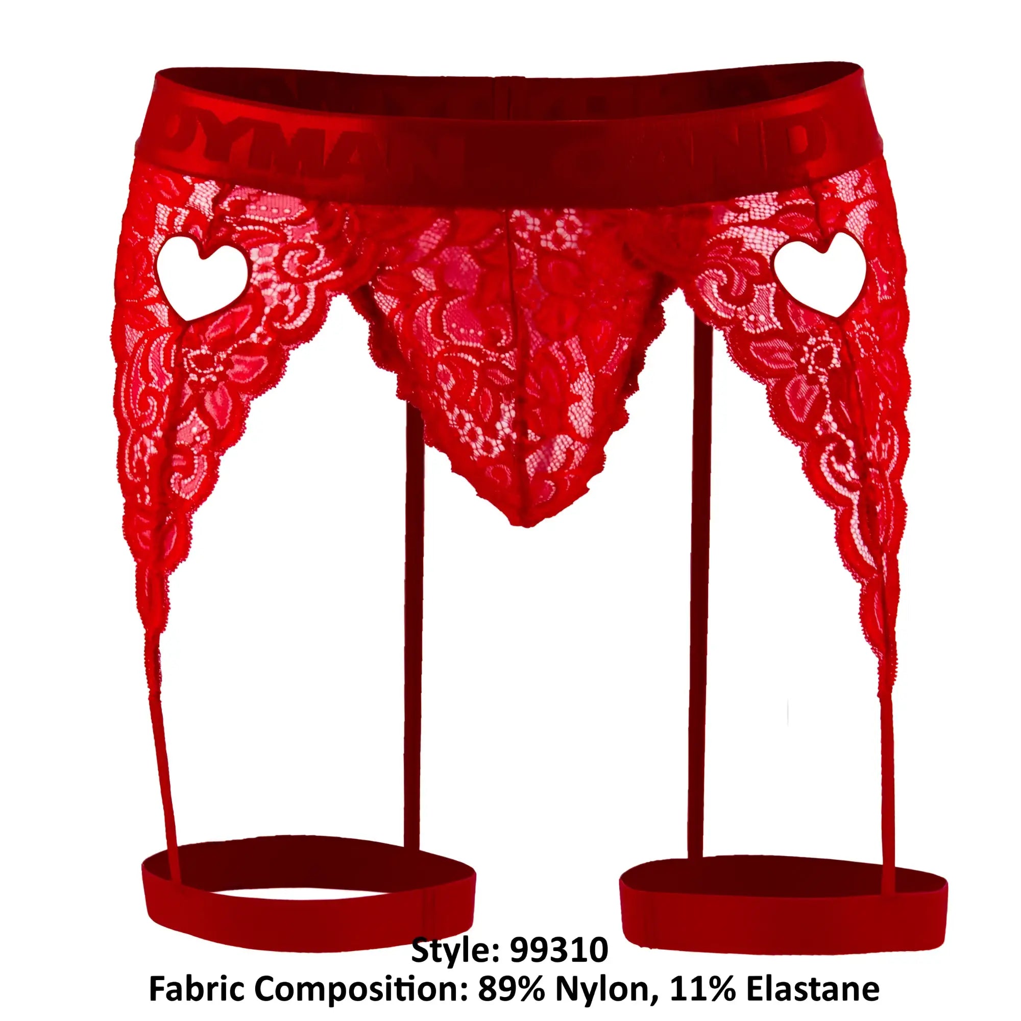 Red lace garter belt with heart-shaped cutouts and matching leg straps from candyman 99310 thongs in red