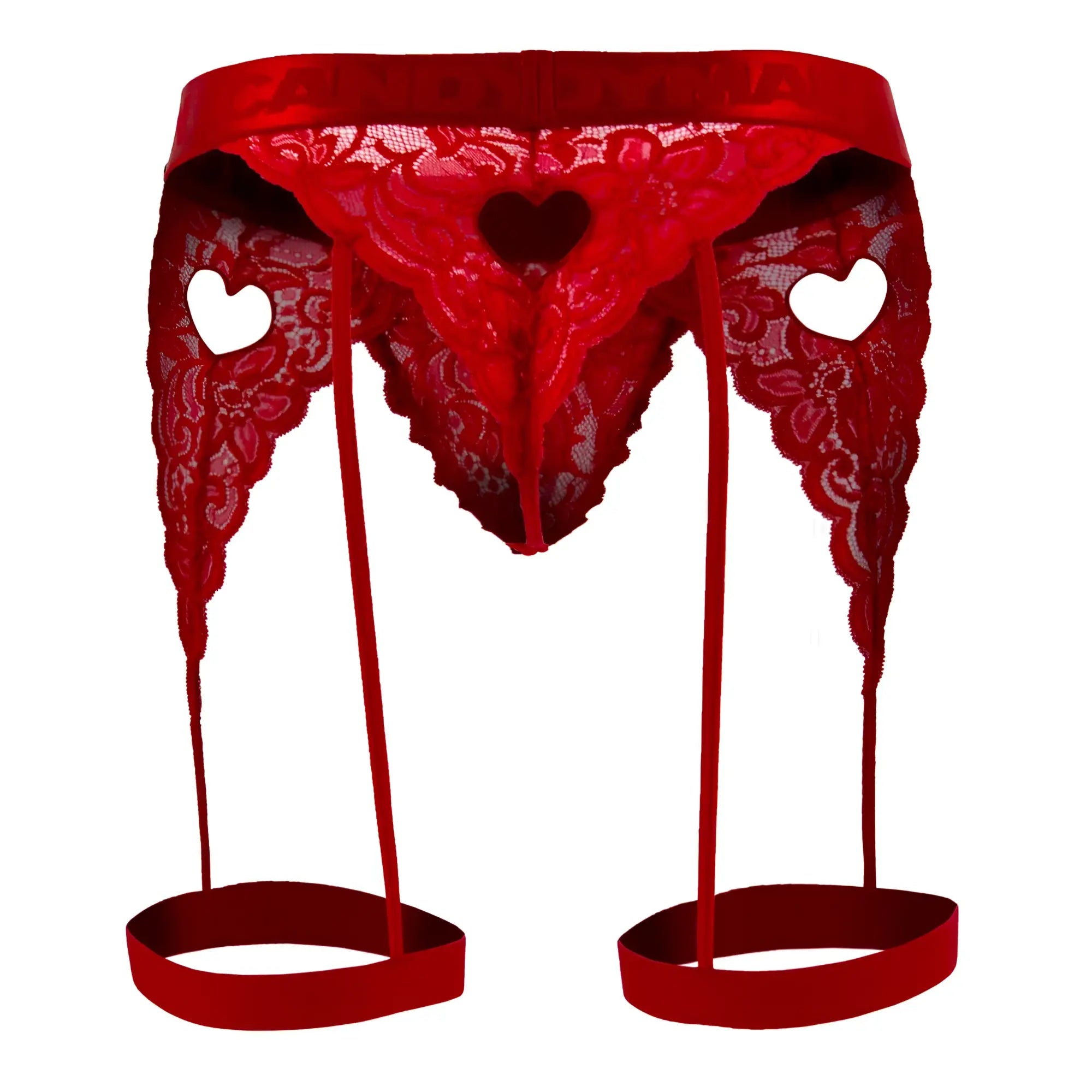 Red lace CandyMan 99310 thong with heart-shaped cutouts and matching straps in red color