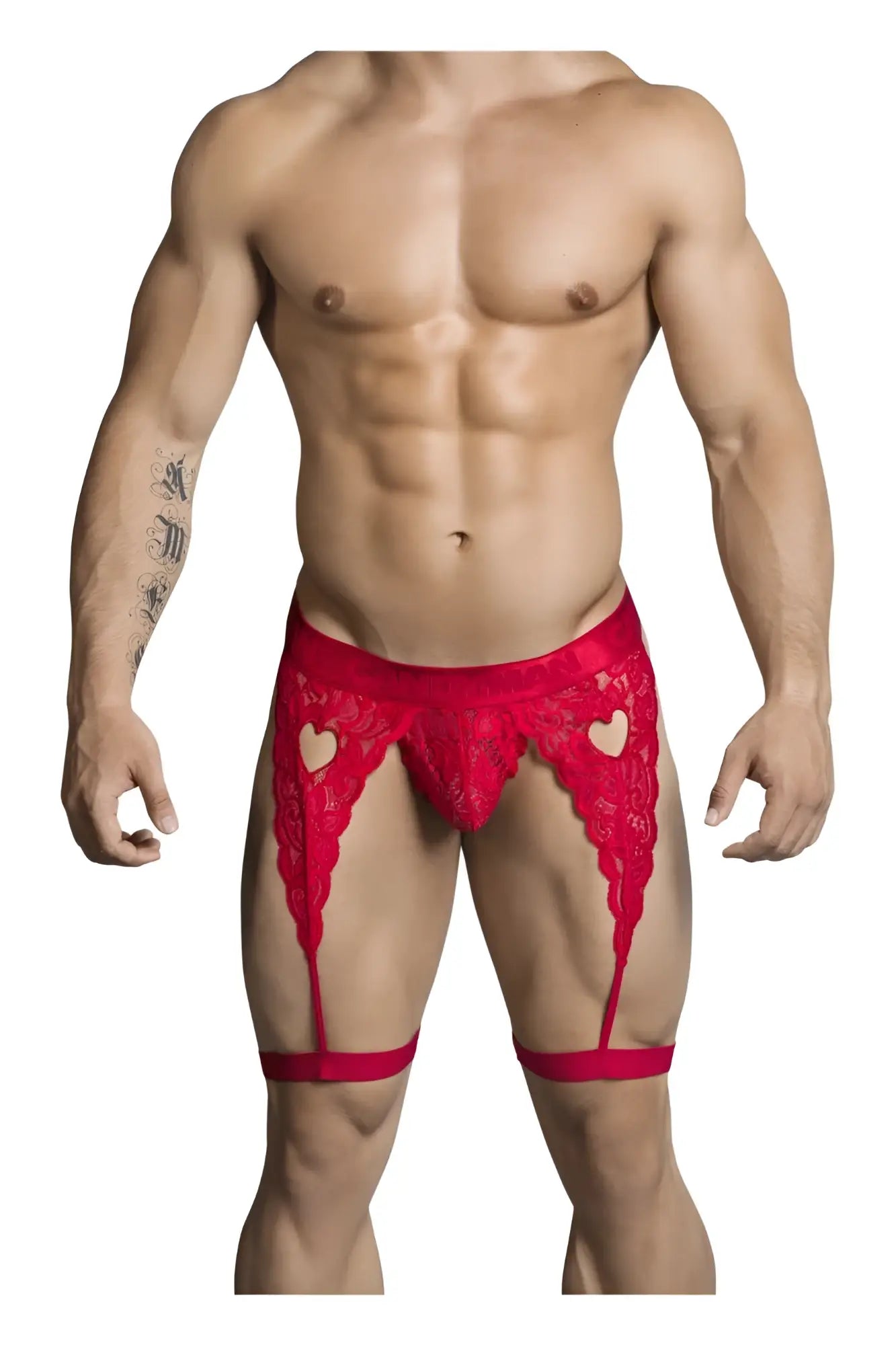 Red lace men’s garter belt with heart-shaped cutouts and matching straps in candy man 99310 thongs color red