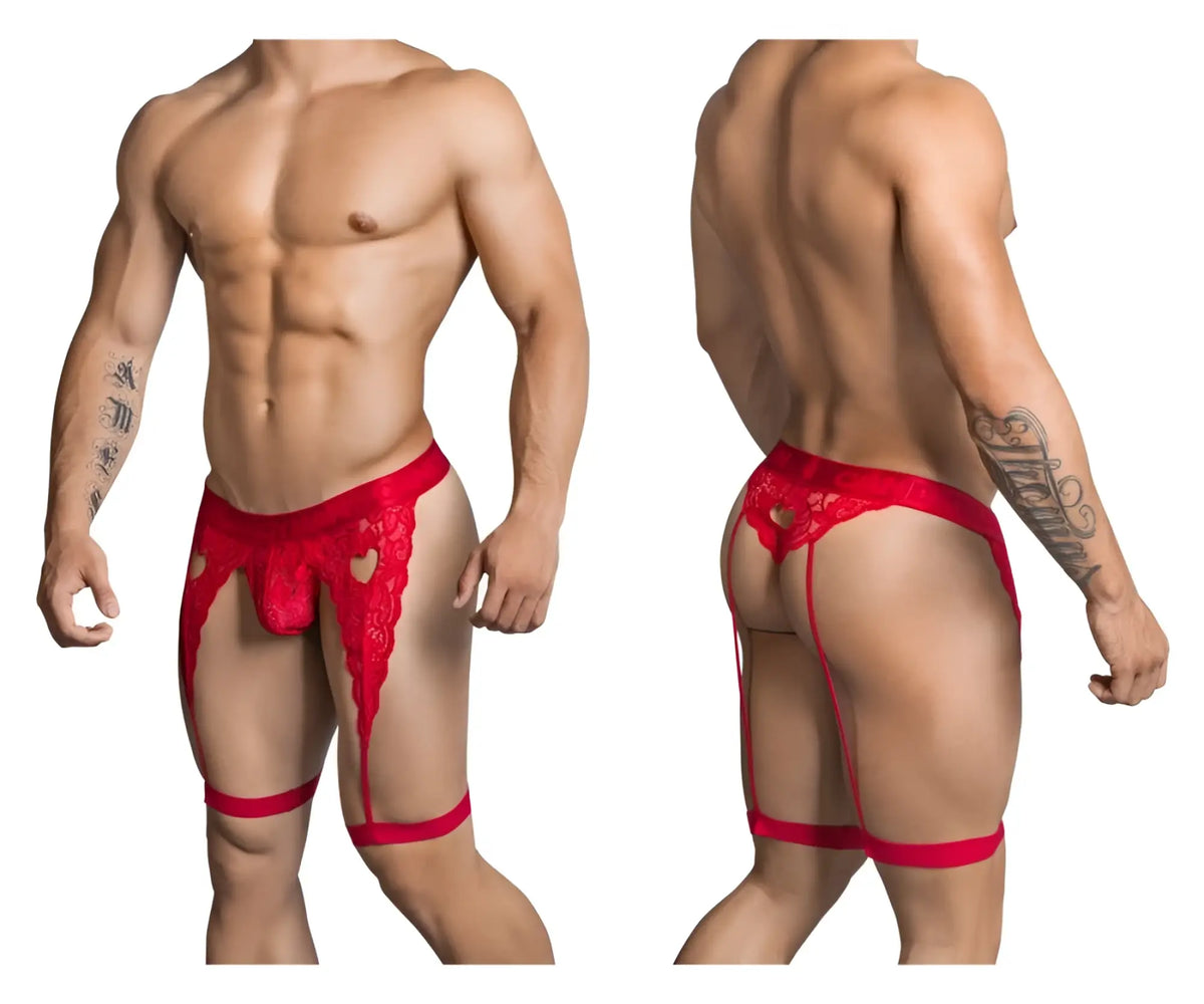 Red lace men’s thong lingerie with heart-shaped cutouts and suspenders from CandyMan 99310 in red