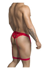 Red lace thong with heart-shaped cutout and matching suspenders from CandyMan 99310 in vibrant red color