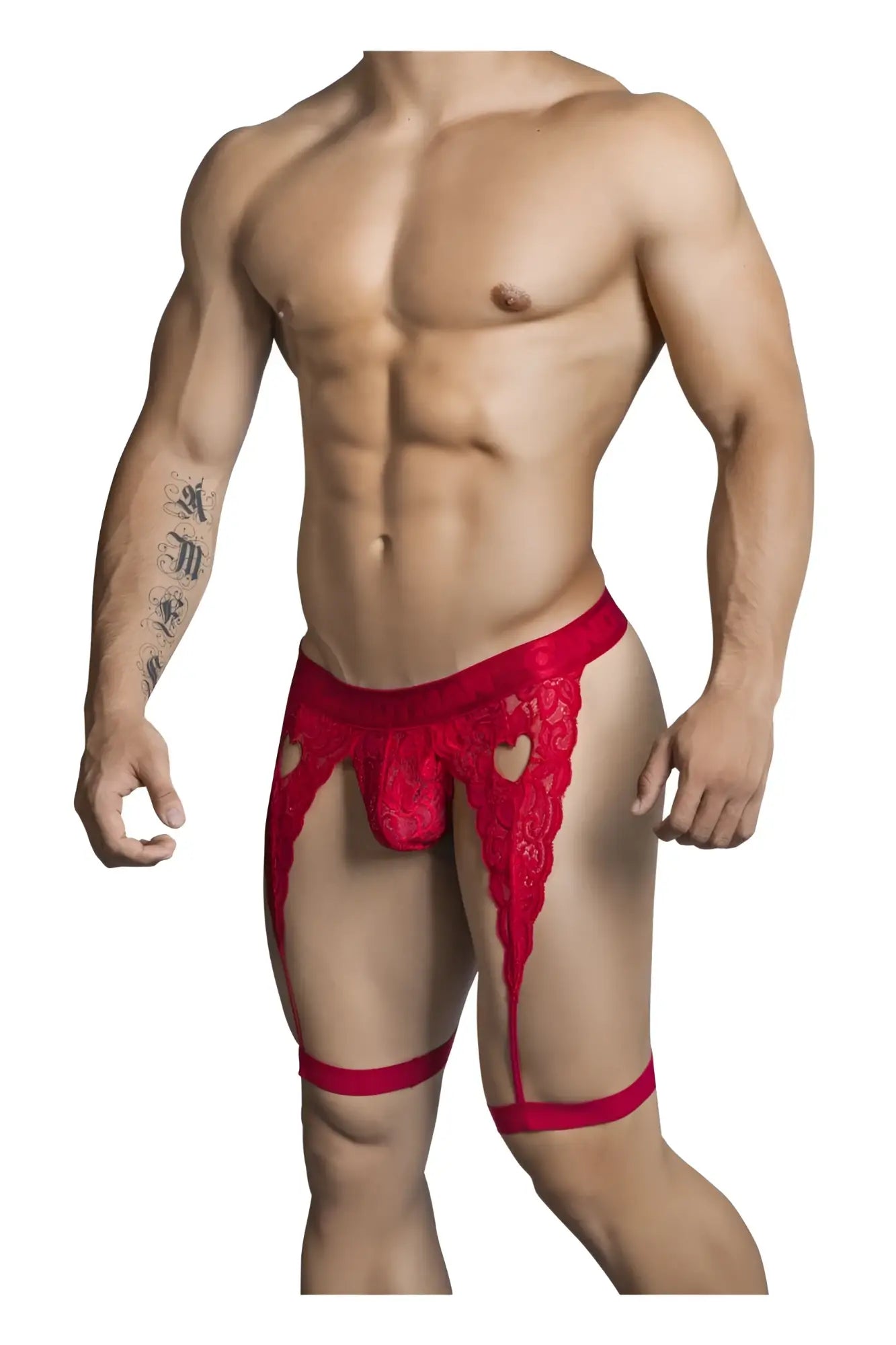 CandyMan 99310 red lace thong with heart-shaped cutouts and matching leg straps for intimate wear