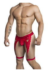 CandyMan 99310 red lace thong with heart-shaped cutouts and matching leg straps for intimate wear
