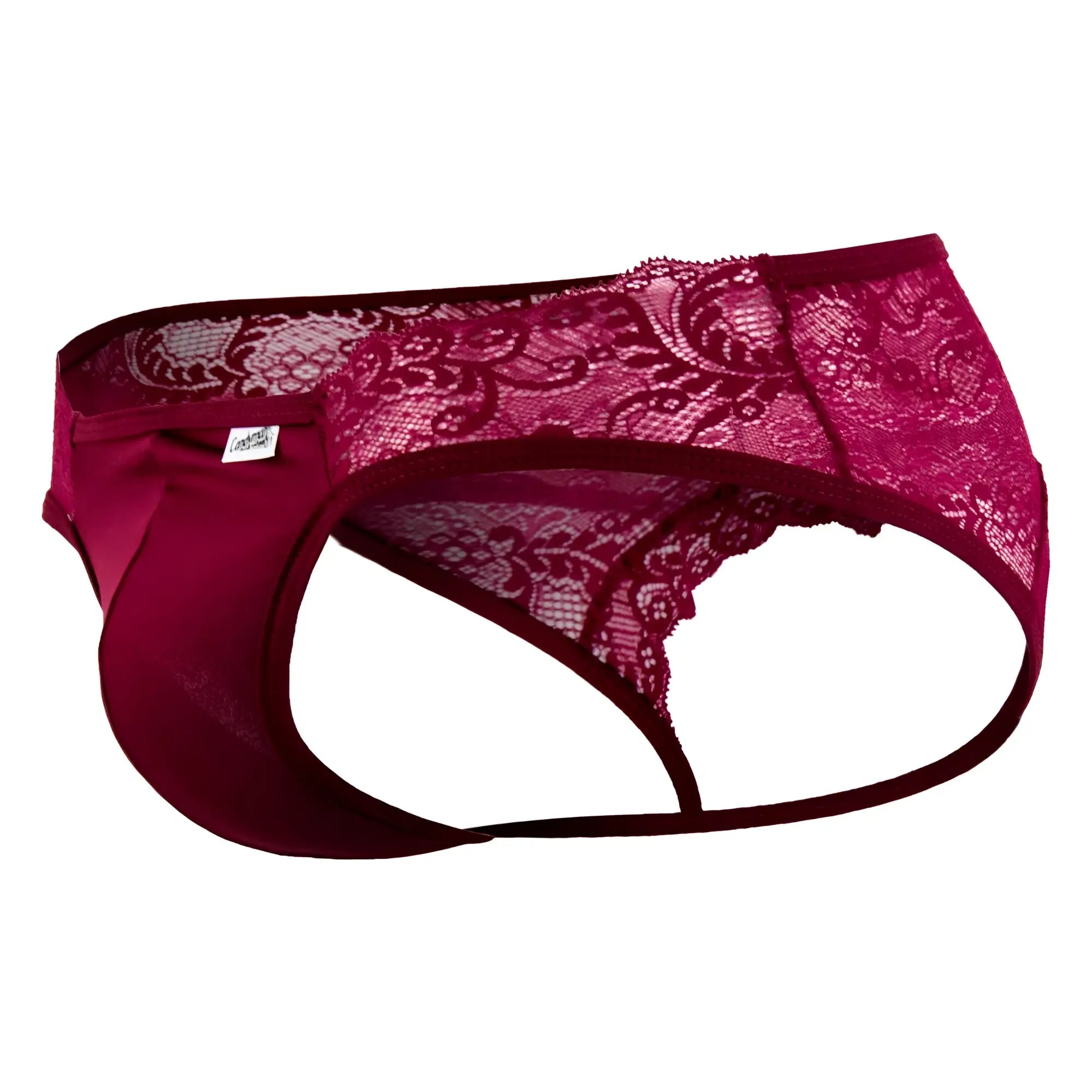 A burgundy CandyMan 99312 jockstrap with maroon lace thong front featuring intricate floral patterns and satin lining