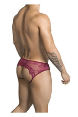 CandyMan 99312 jockstrap in burgundy maroon lace thong with intricate floral patterns and form fitting design