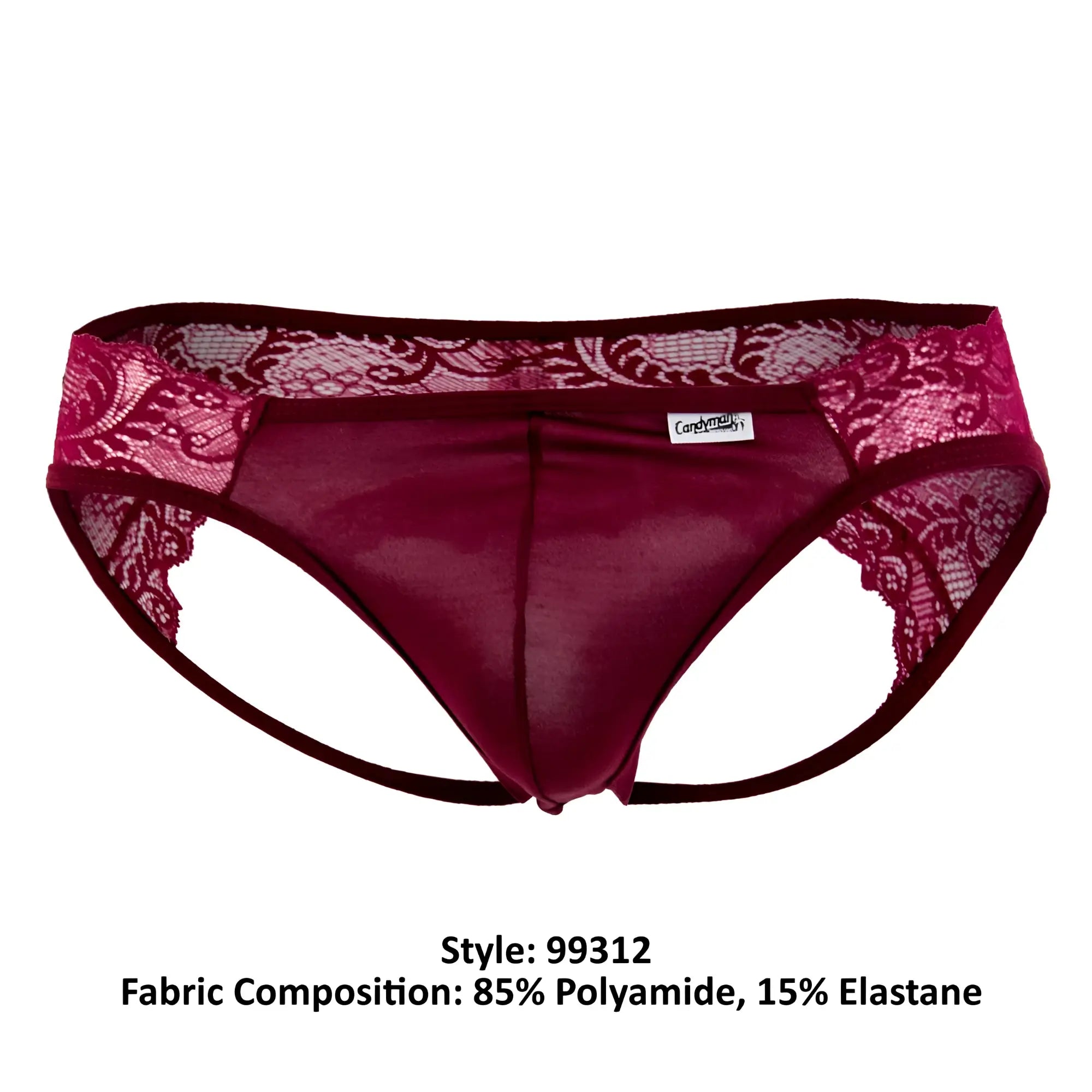 CandyMan 99312 jockstrap burgundy lace trimmed men’s briefs with sheer mesh center and elastic waistband