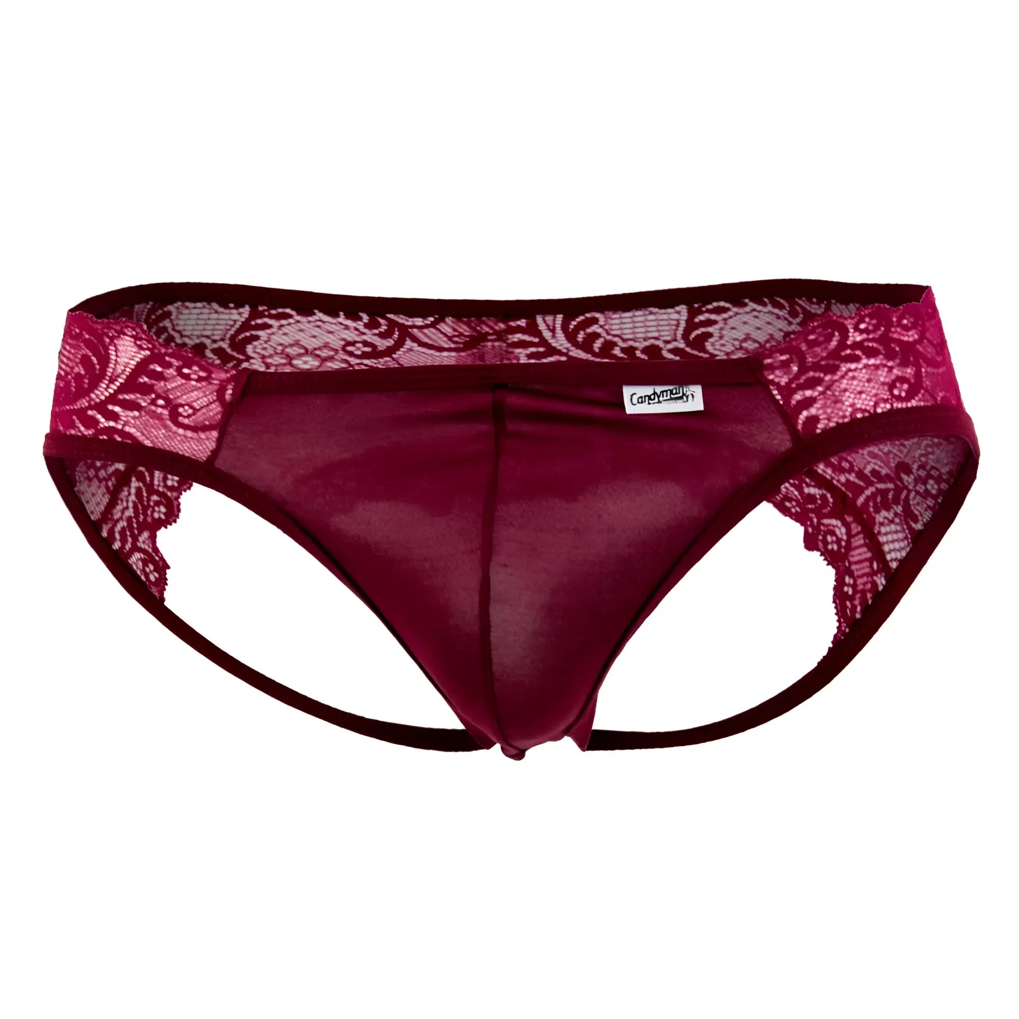 CandyMan 99312 jockstrap in burgundy features maroon lace trim sheer mesh front and floral waistband patterns