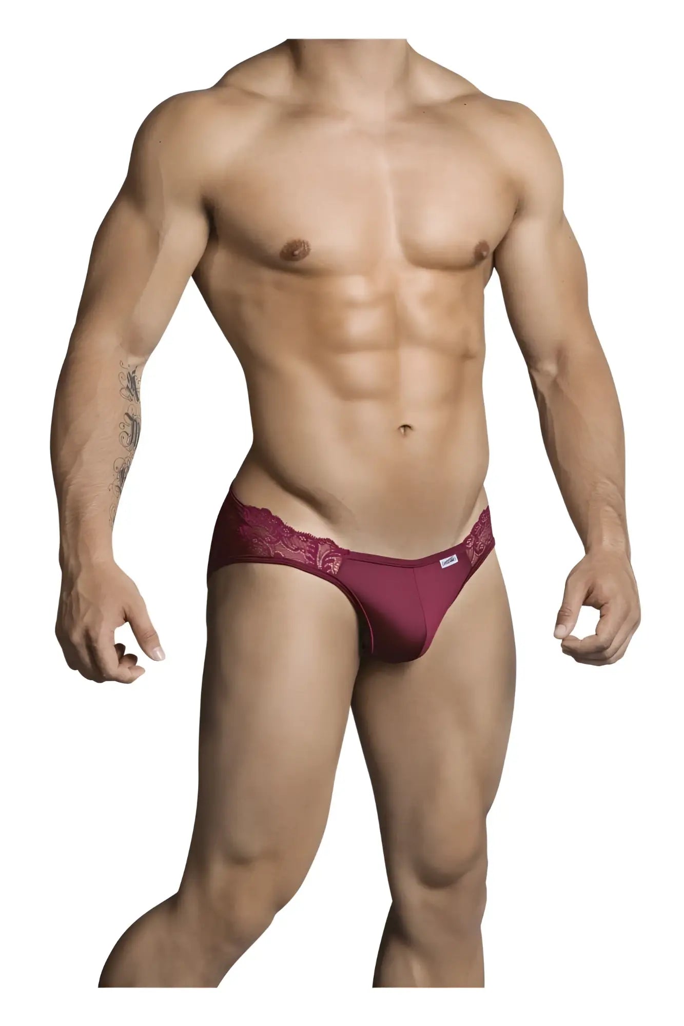CandyMan 99312 jockstrap burgundy mens briefs with maroon lace trim and smooth fabric waistband