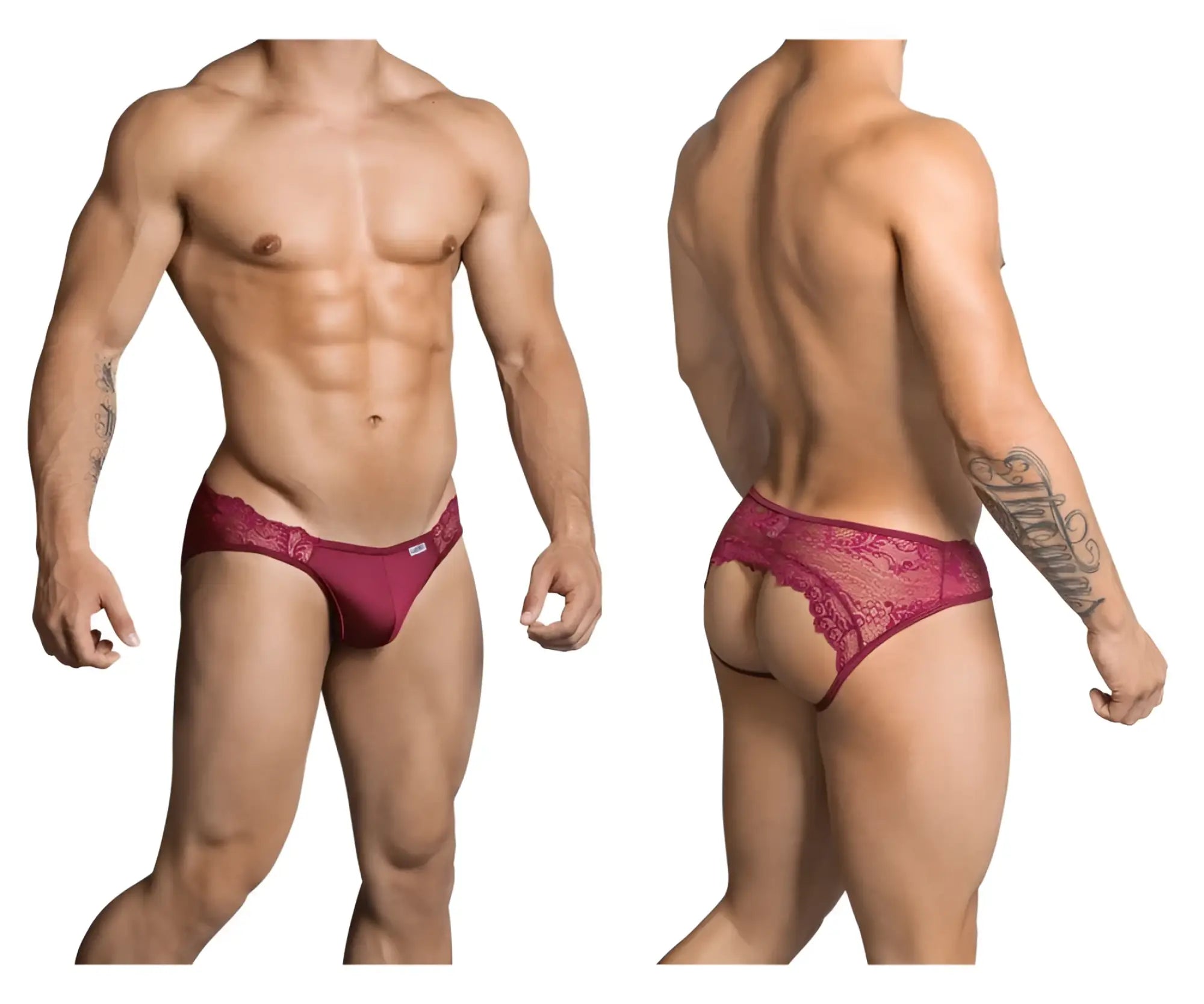 Maroon lace-trimmed CandyMan 99312 jockstrap briefs with a subtle brand tag on the waistband