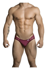 Maroon lace-trimmed mens briefs with subtle brand tag candyMan 99312 jockstrap in burgundy color