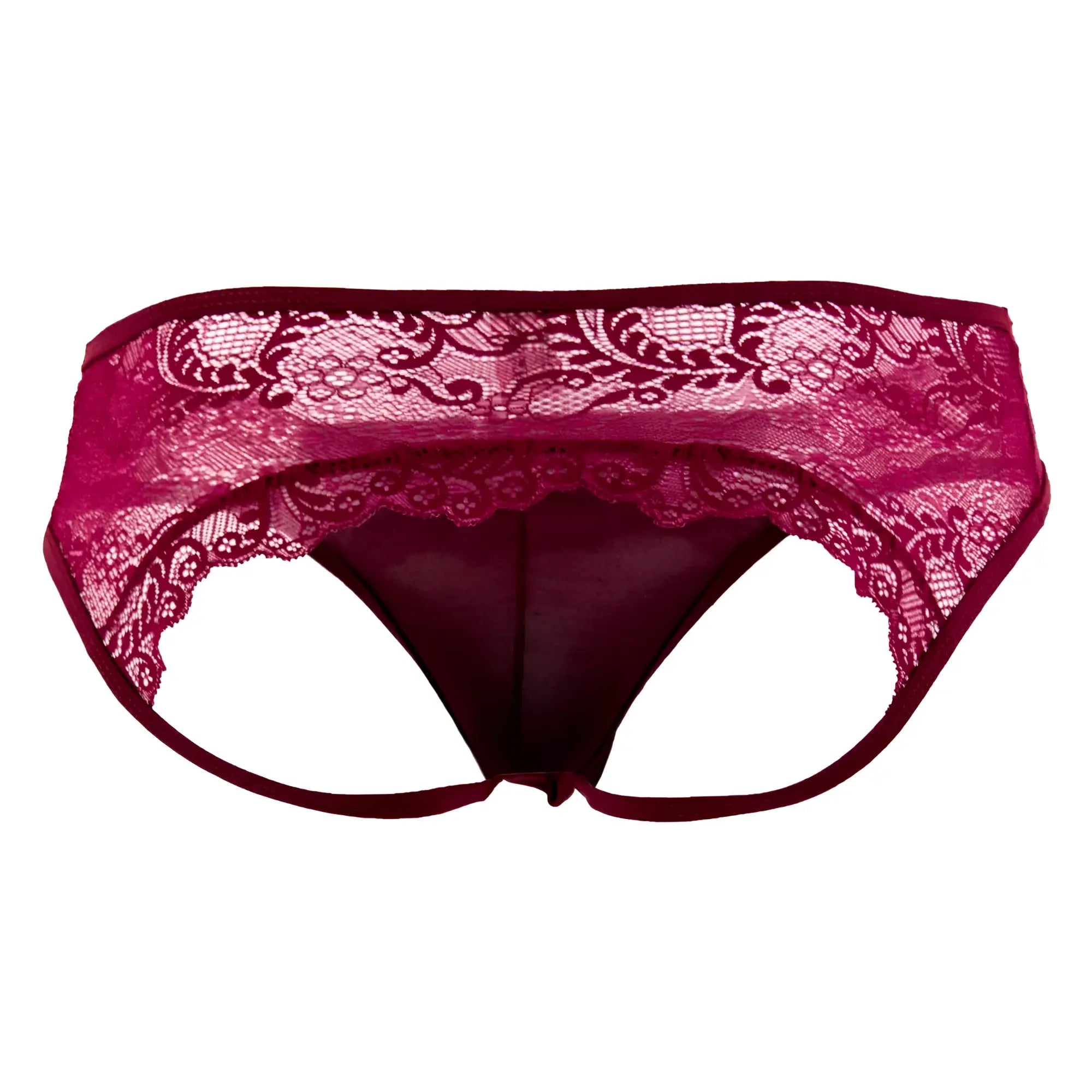 CandyMan 99312 jockstrap in burgundy featuring a maroon lace-trimmed thong with sheer patterned design and solid lining