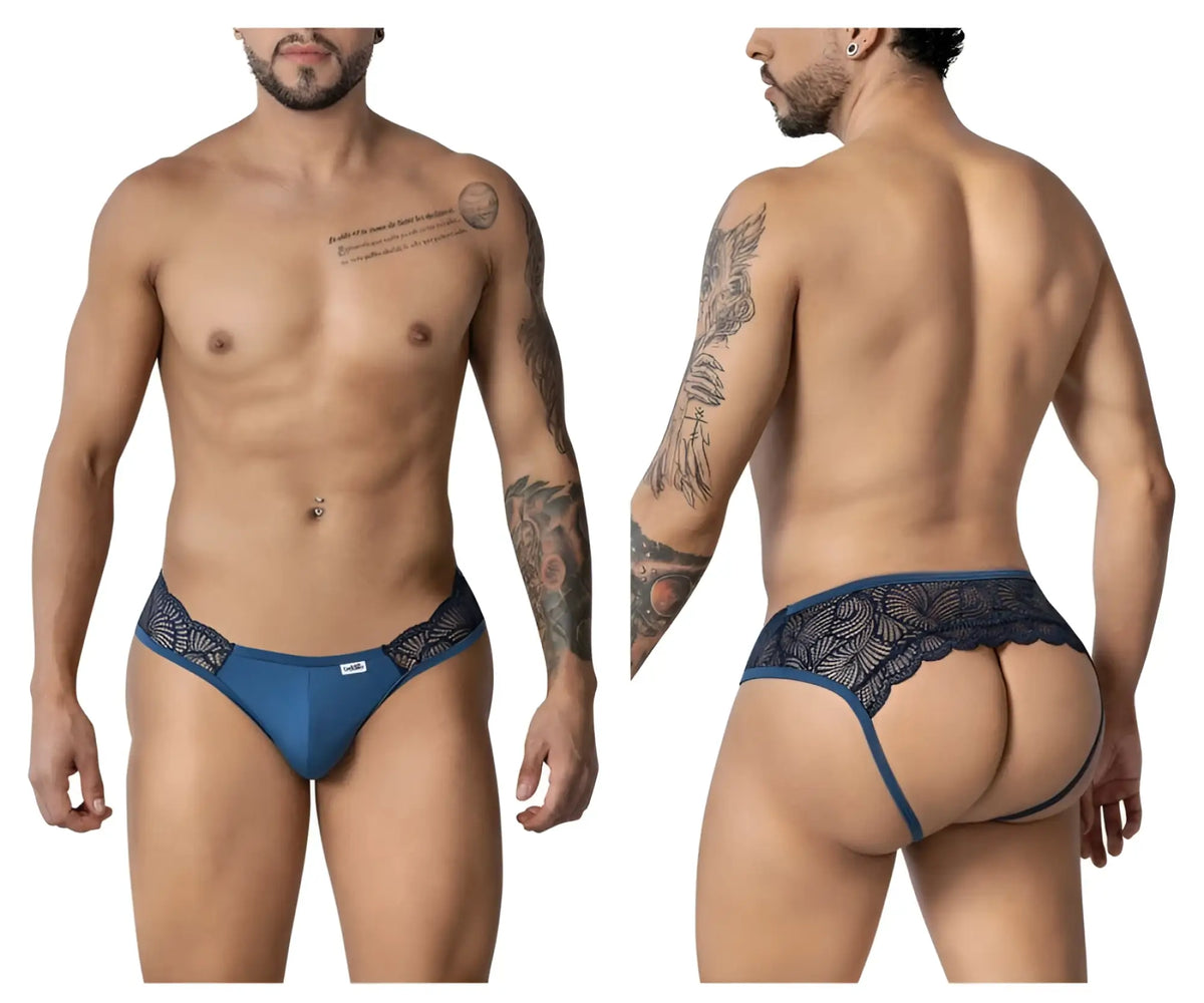 Blue candyMan 99312 lace jockstrap briefs with lace trim sleek form-fitting design in navy color