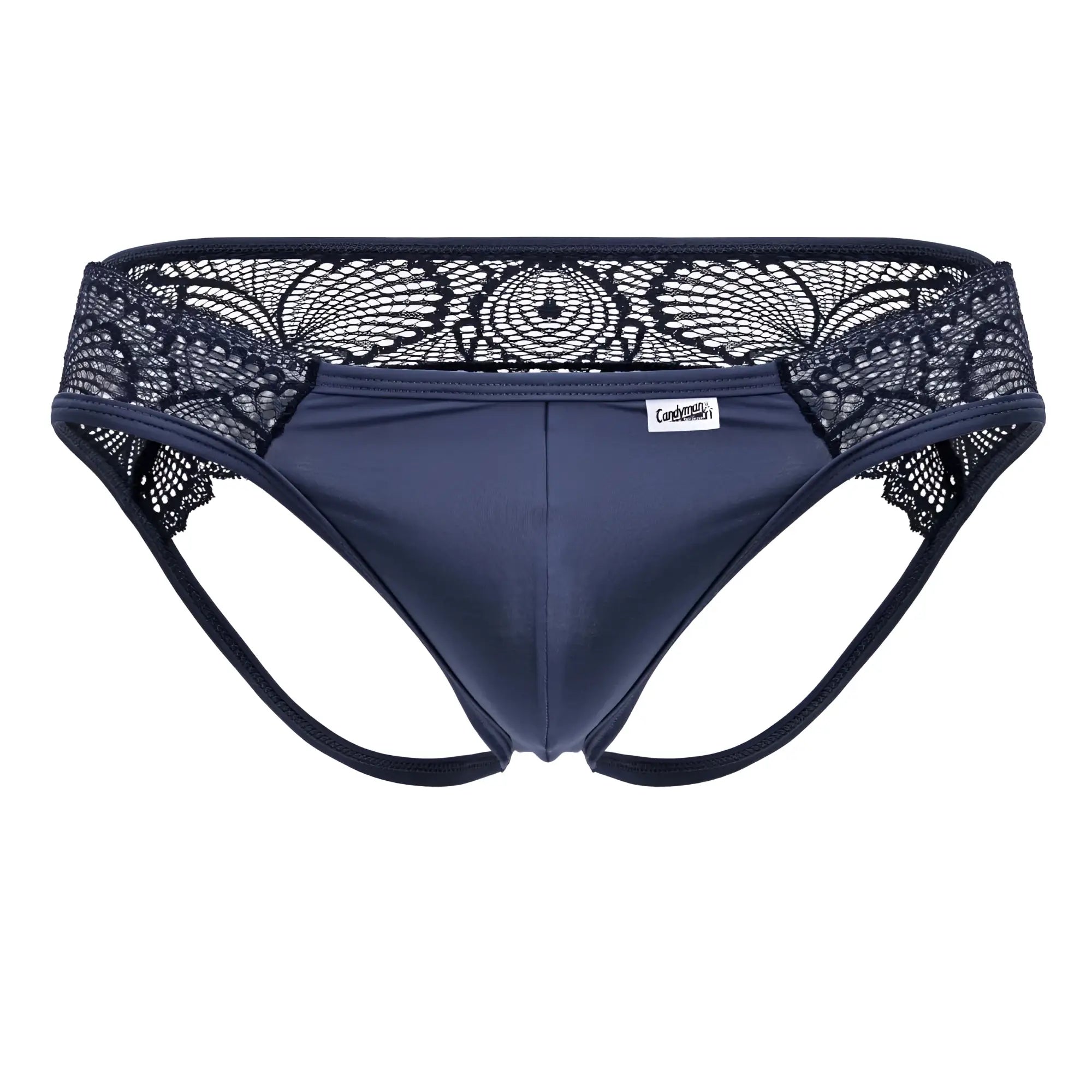 Navy blue CandyMan 99312 lace jockstrap briefs with smooth fabric and black floral lace trim along the waistband